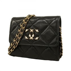 Chanel Shoulder Wallet Matelasse Caviar Skin Black Champagne Ladies