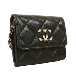 Chanel Shoulder Wallet Matelasse Caviar Skin Black Champagne Ladies