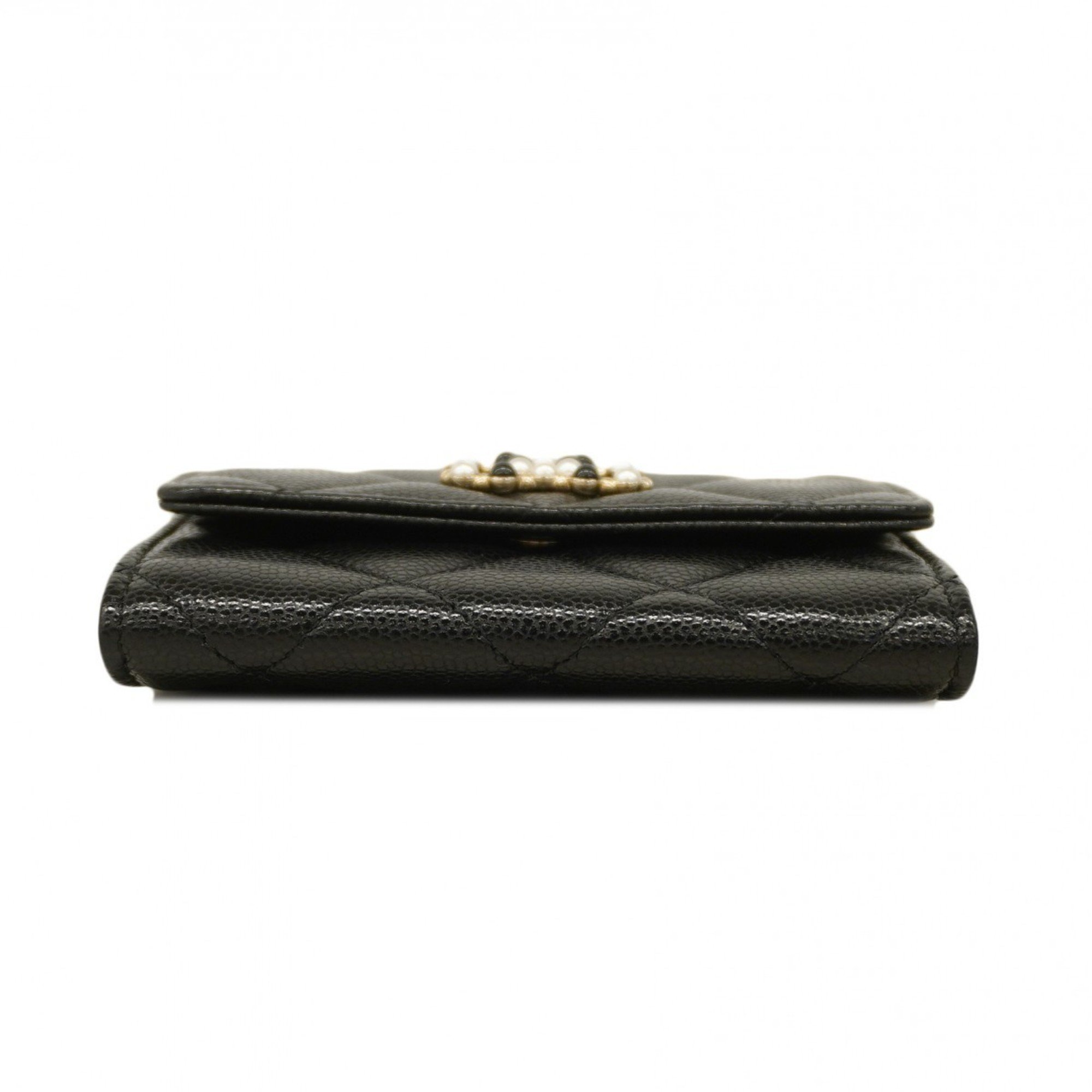 Chanel Shoulder Wallet Matelasse Caviar Skin Black Champagne Ladies