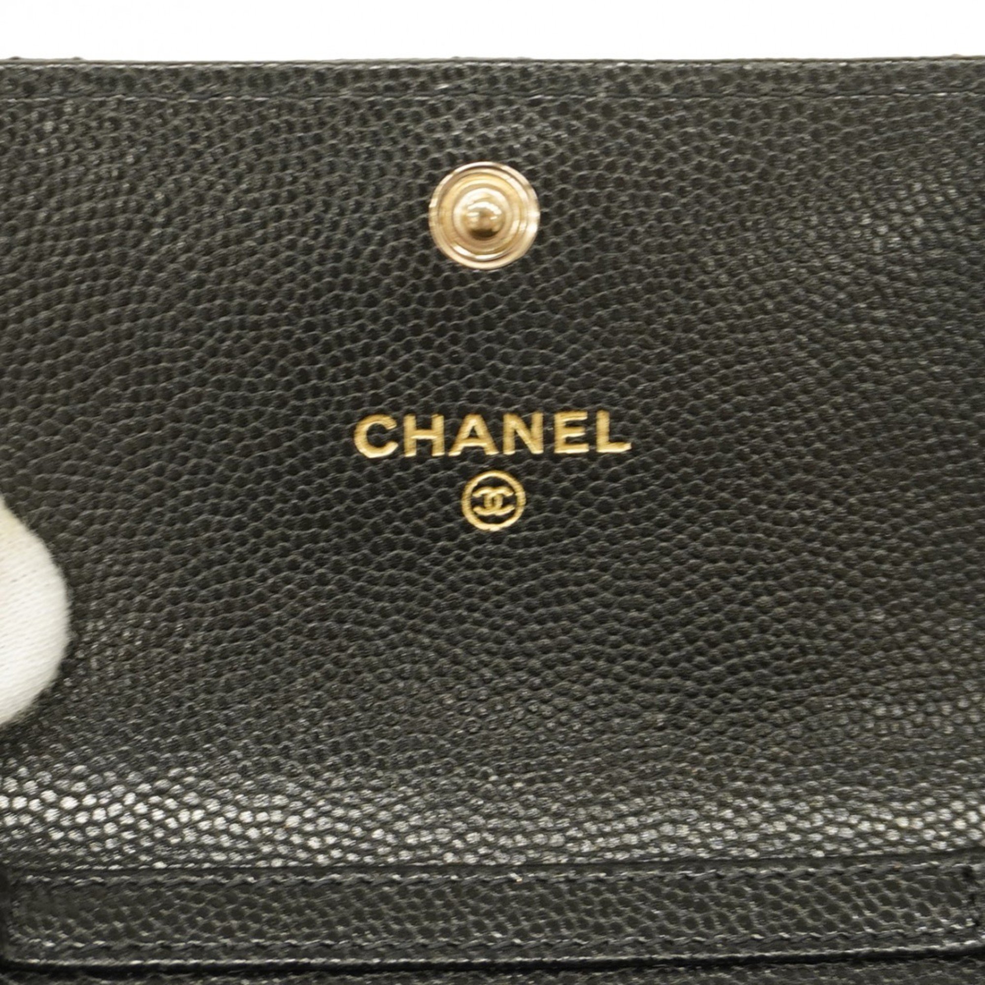 Chanel Shoulder Wallet Matelasse Caviar Skin Black Champagne Ladies