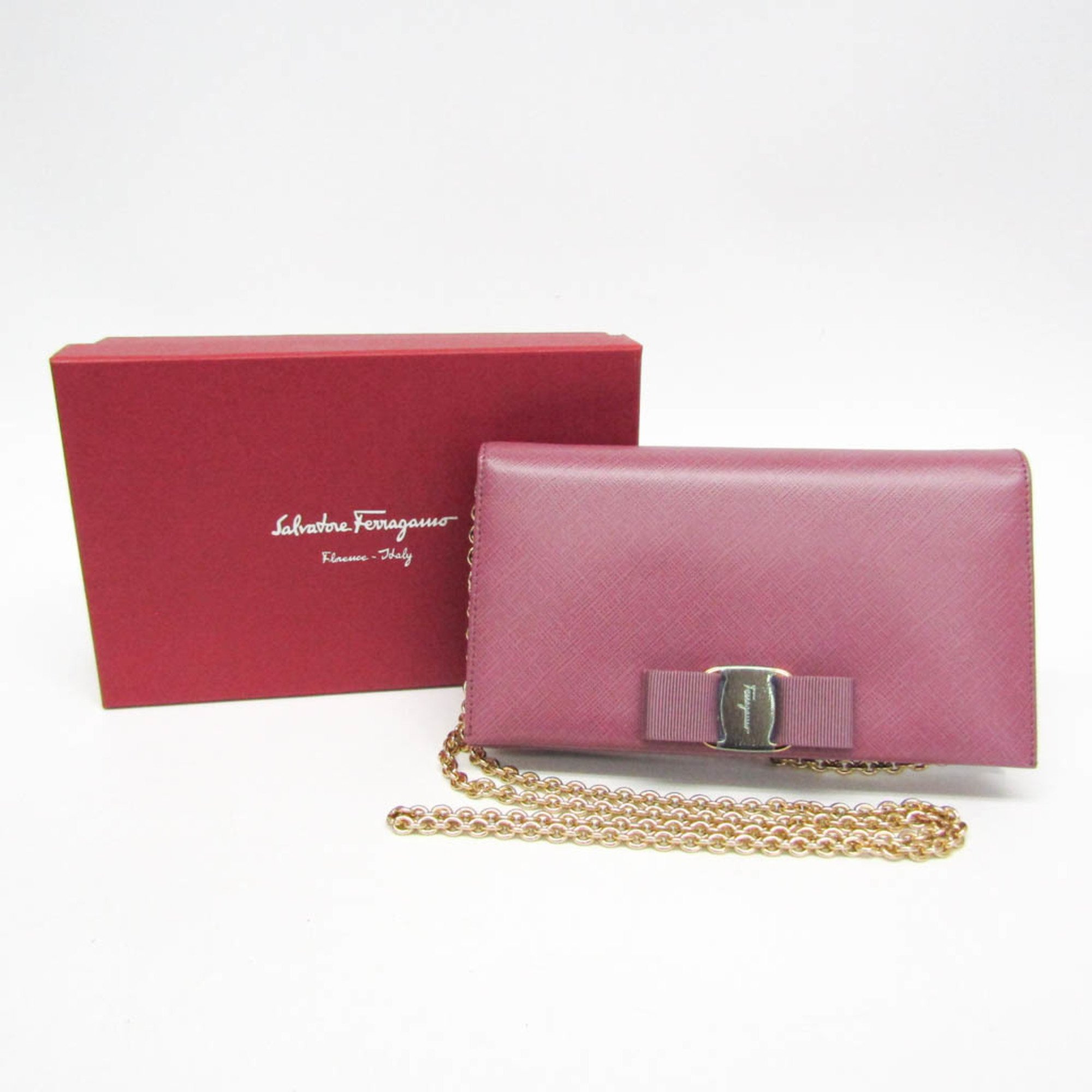 Salvatore Ferragamo Vara KM 22B850 Women's Leather Chain/Shoulder Wallet Pink