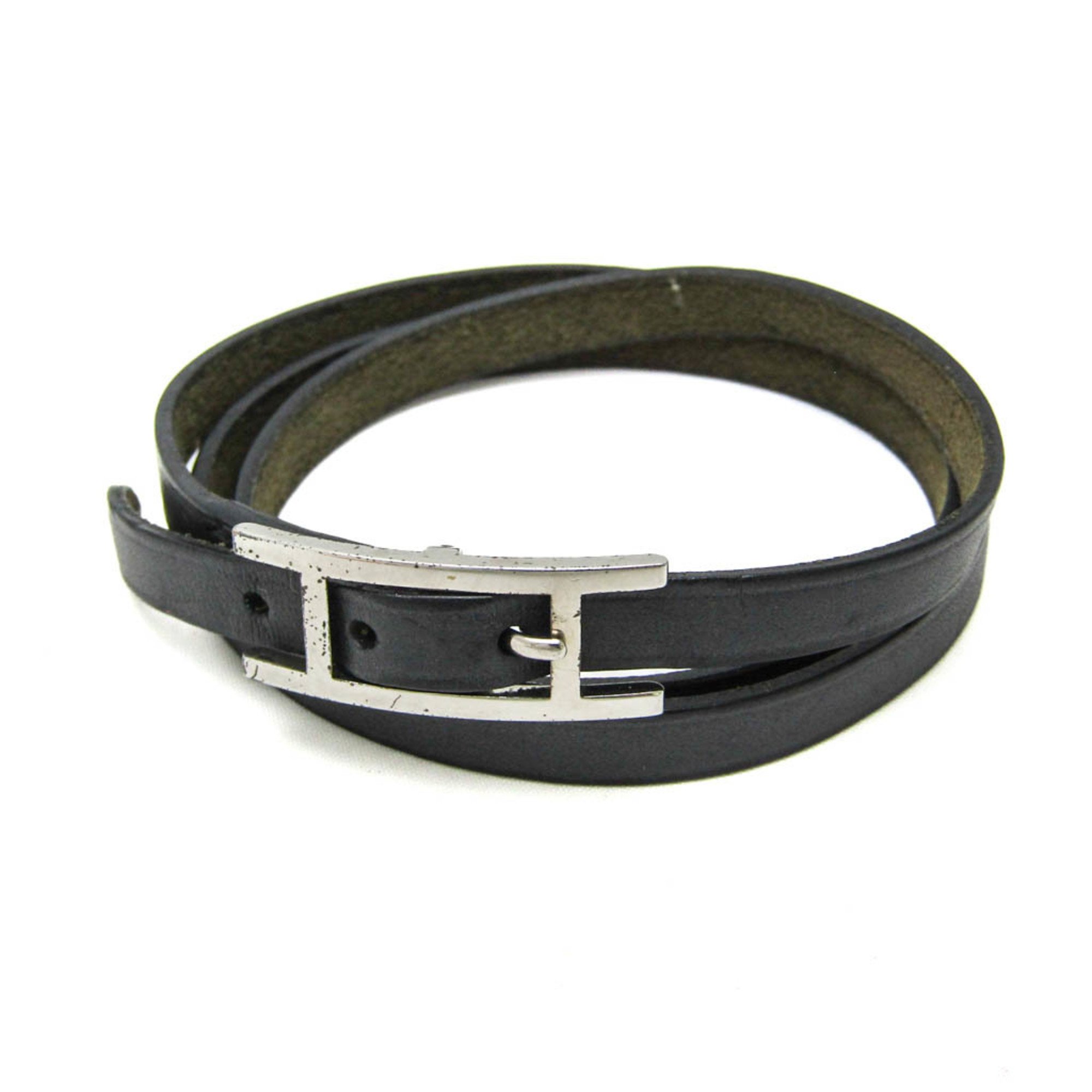 Hermes API III Long Leather No Stone Charm Bracelet Black