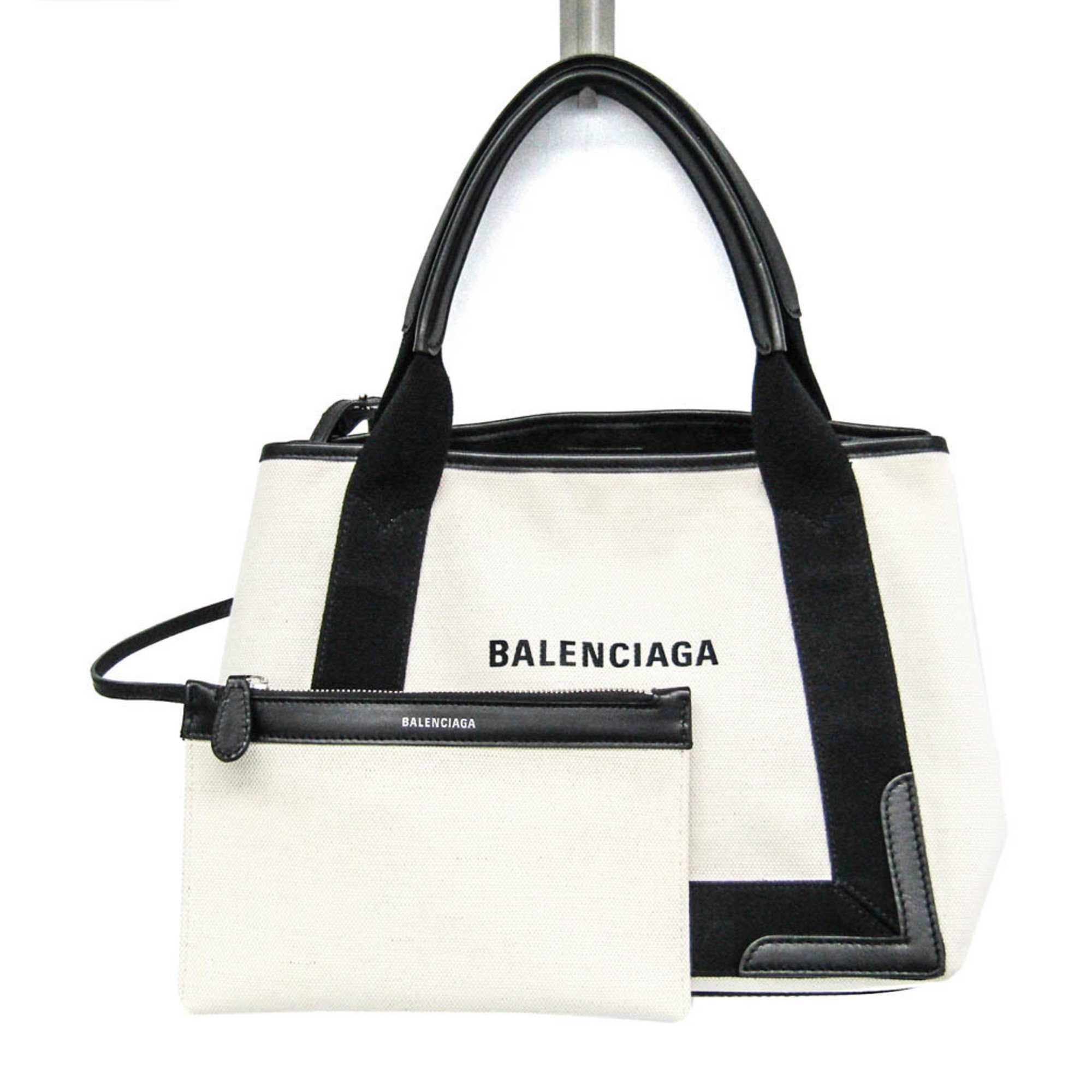 Balenciaga Navy Cabas S 339933 Women's Canvas,Leather Handbag Black,Off-white