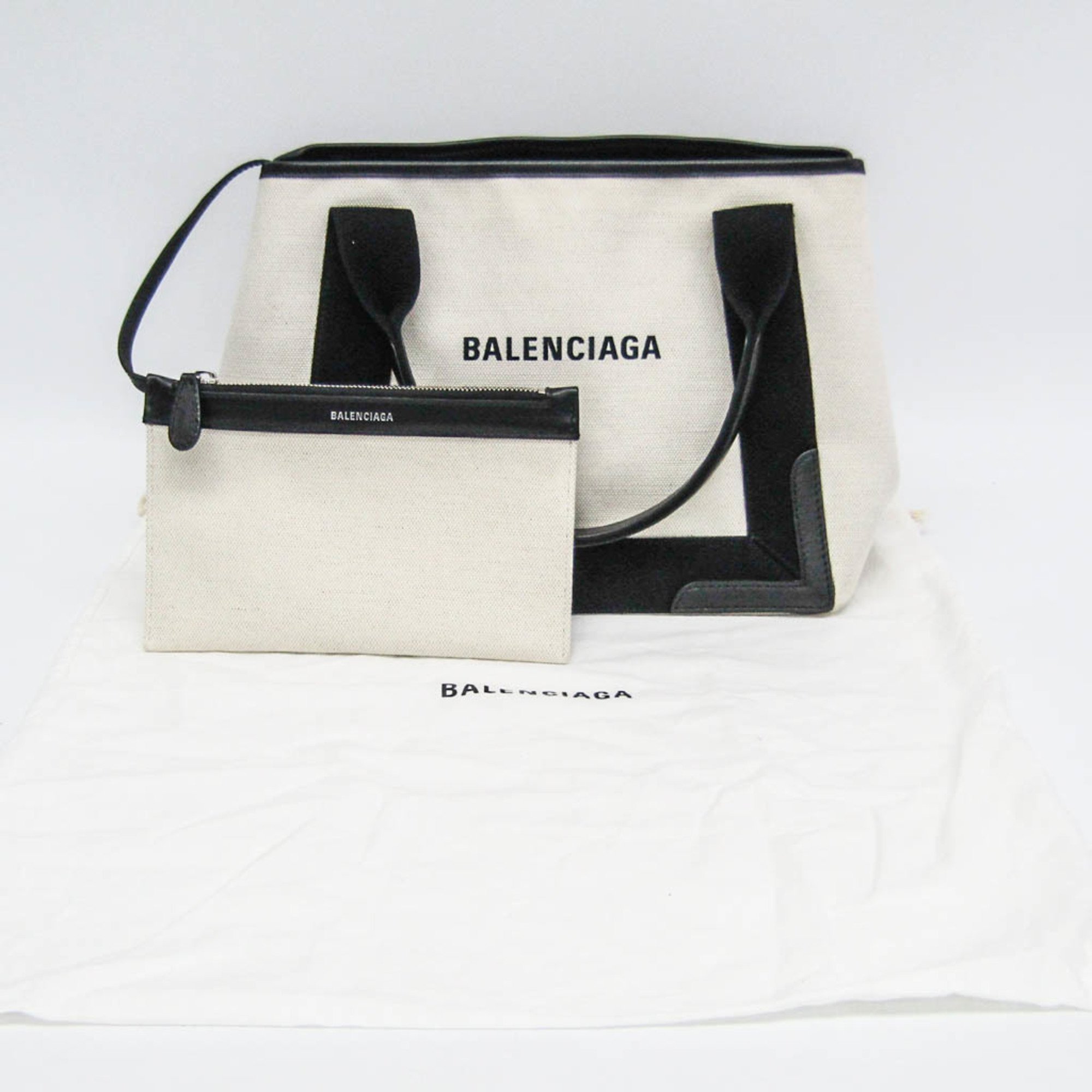 Balenciaga Navy Cabas S 339933 Women's Canvas,Leather Handbag Black,Off-white