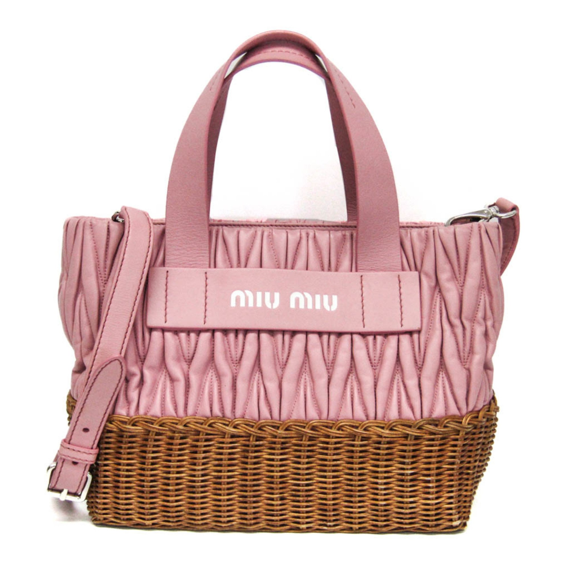 Miu Miu Matelasse Women's Leather,Rattan Handbag,Shoulder Bag Pink