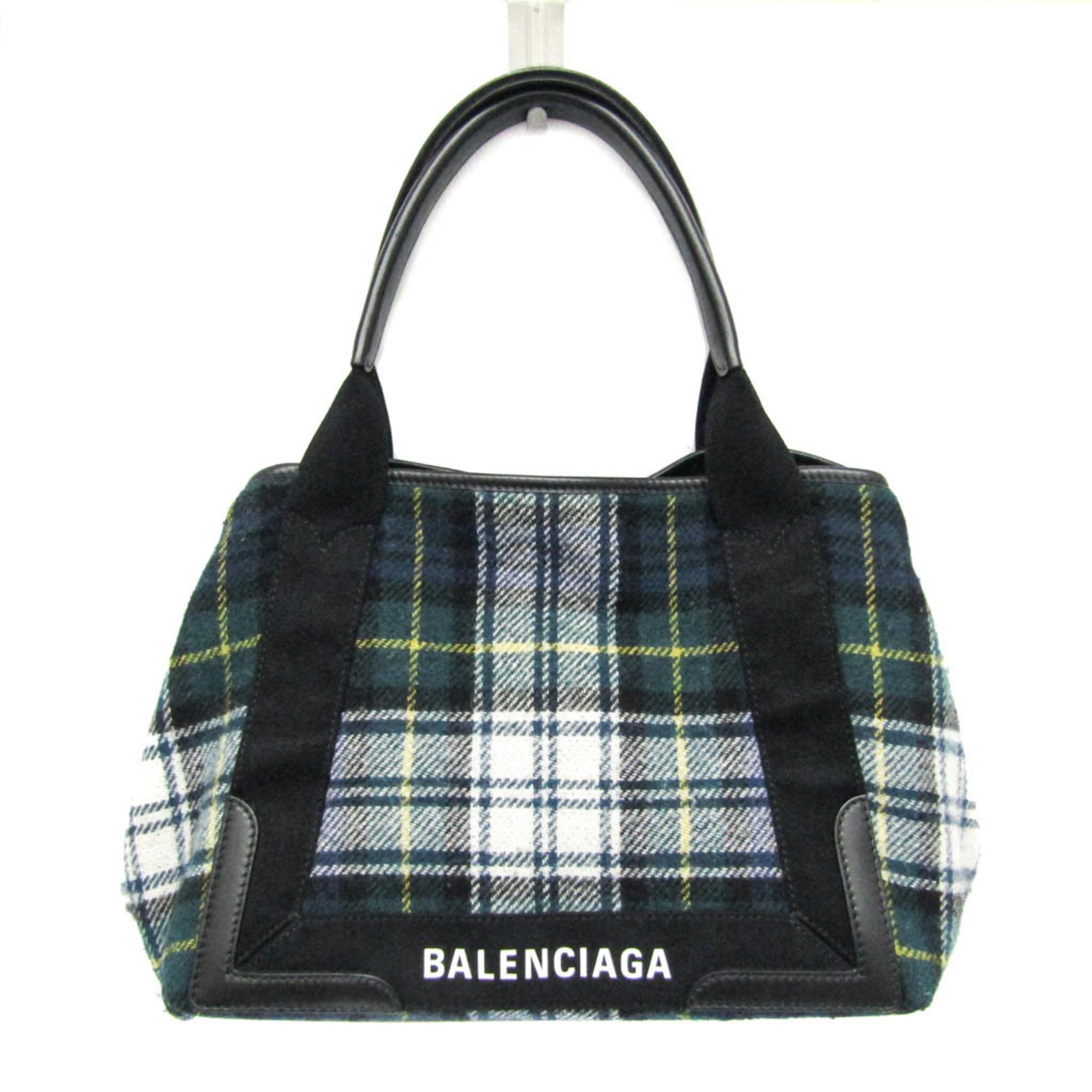 Balenciaga Navy Cabas S 339933 Women's Wool,Leather Handbag Black,Green