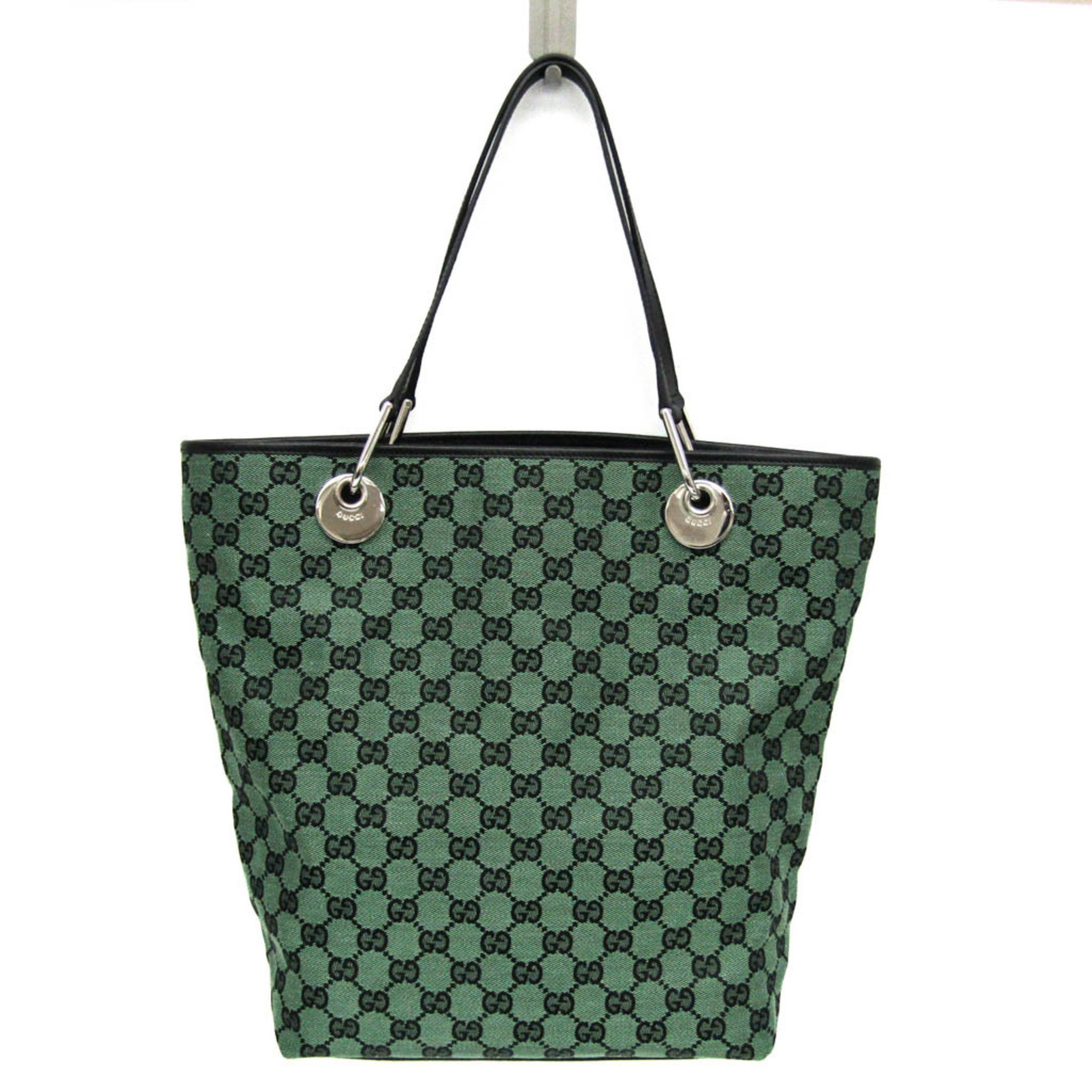 Gucci GG Canvas 285582 Women's GG Canvas,Leather Tote Bag Black,Green