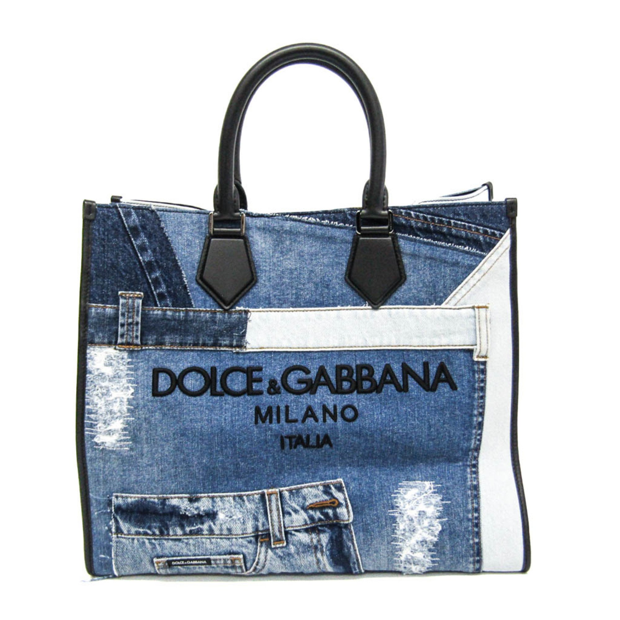 Dolce & Gabbana Large Denim Patchwork Shopper BM1796AO9988 Men,Women Denim,Leather Handbag,Tote Bag Black,Blue