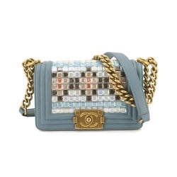 CHANEL Boy Chanel Small Chain Shoulder Bag Leather Blue Mosaic Gold Metal Fittings