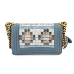 CHANEL Boy Chanel Small Chain Shoulder Bag Leather Blue Mosaic Gold Metal Fittings