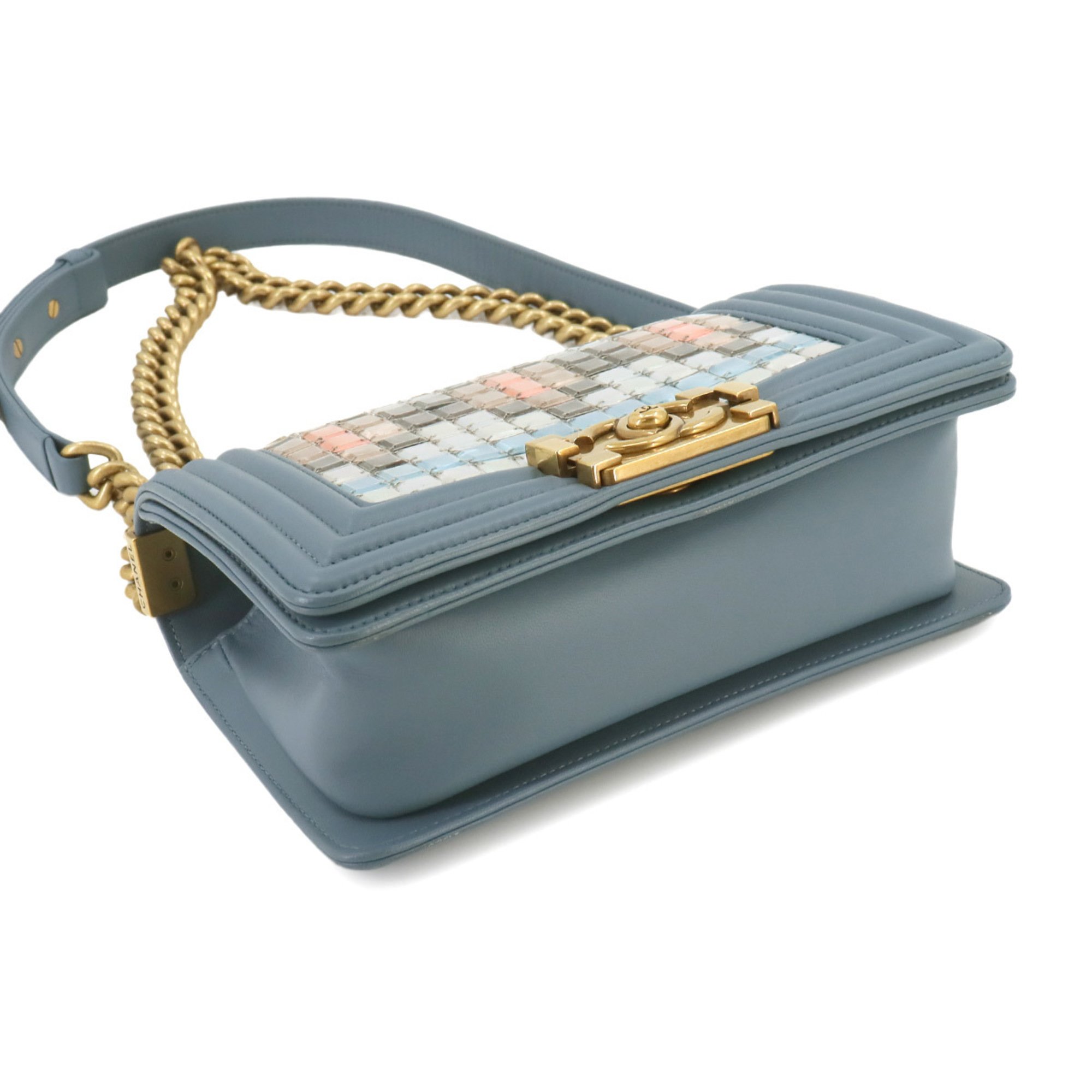 CHANEL Boy Chanel Small Chain Shoulder Bag Leather Blue Mosaic Gold Metal Fittings