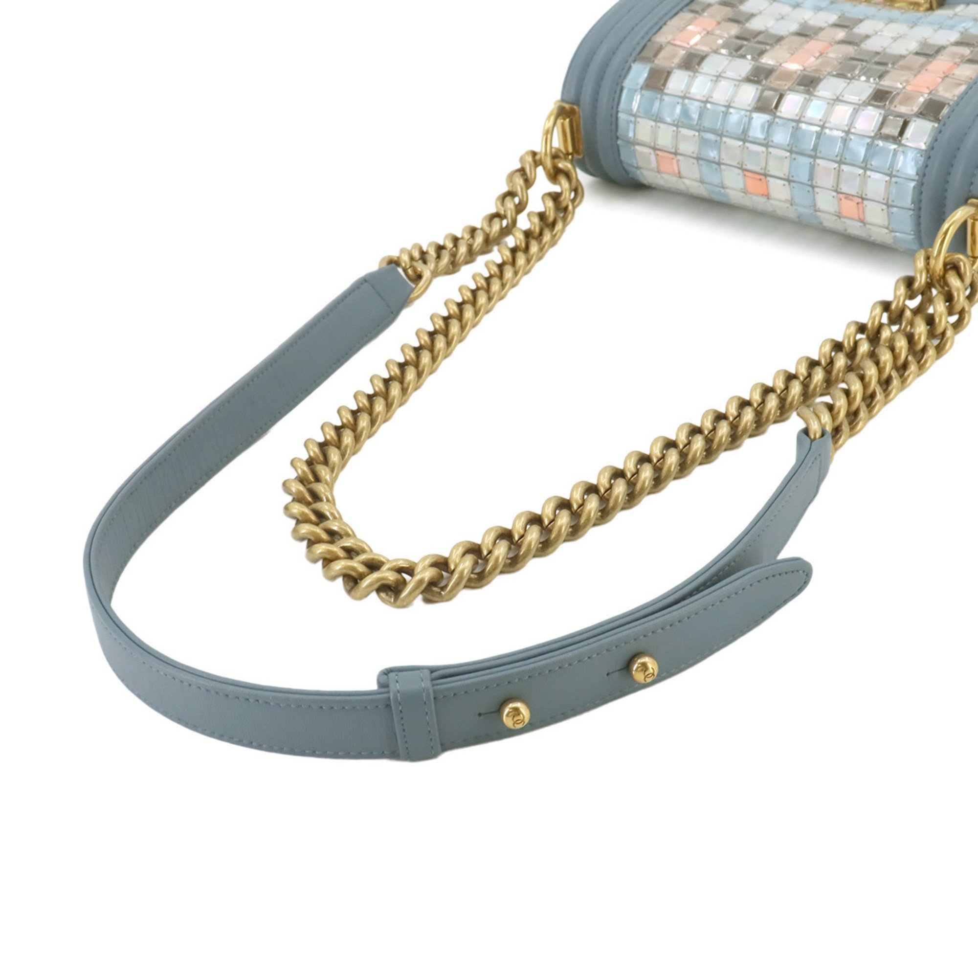 CHANEL Boy Chanel Small Chain Shoulder Bag Leather Blue Mosaic Gold Metal Fittings