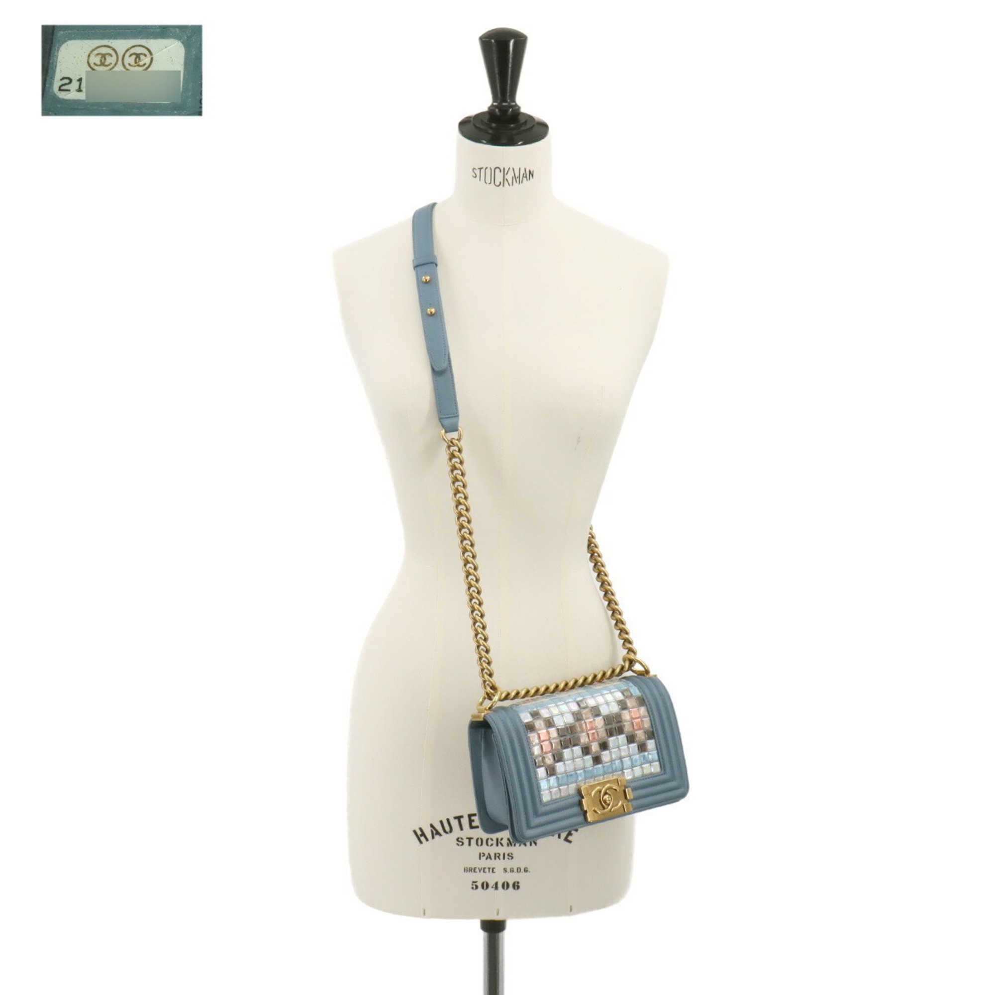 CHANEL Boy Chanel Small Chain Shoulder Bag Leather Blue Mosaic Gold Metal Fittings