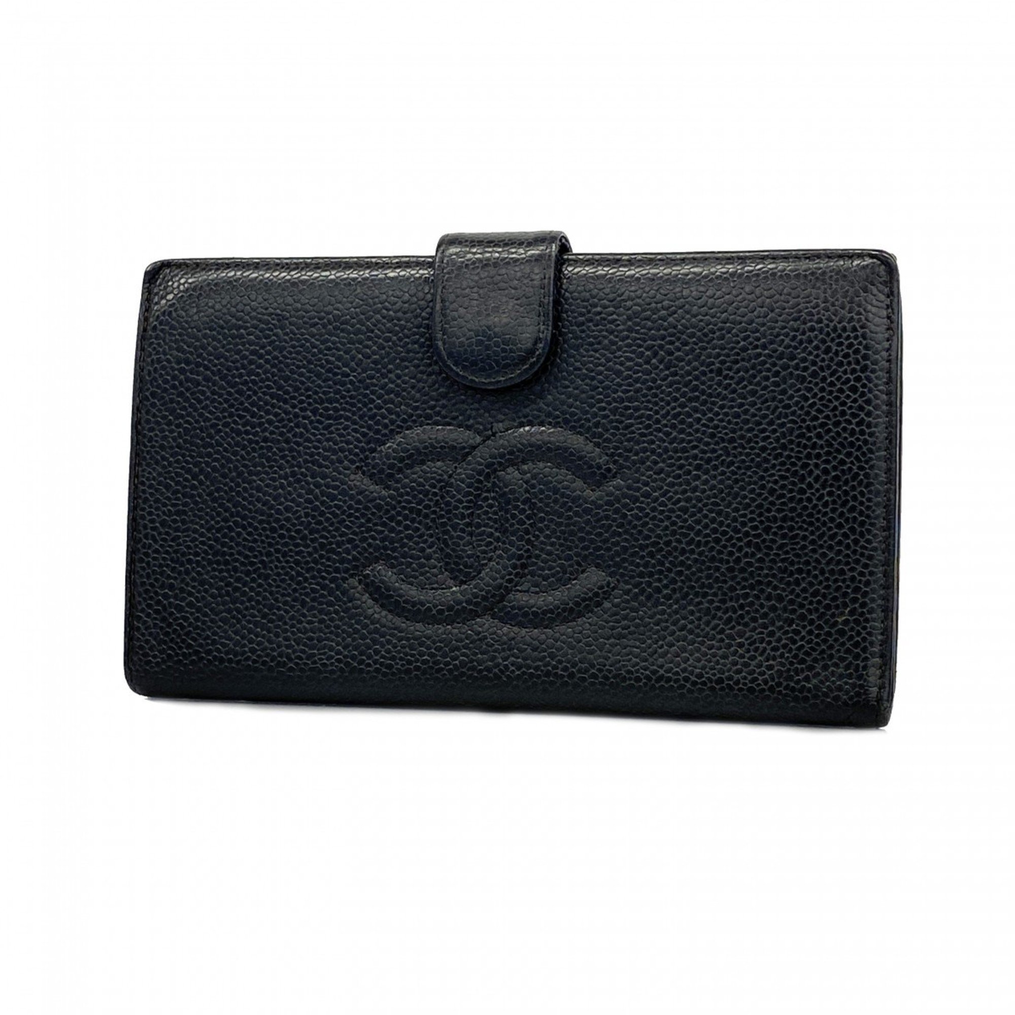 Chanel Long Wallet Caviar Skin Black Women's