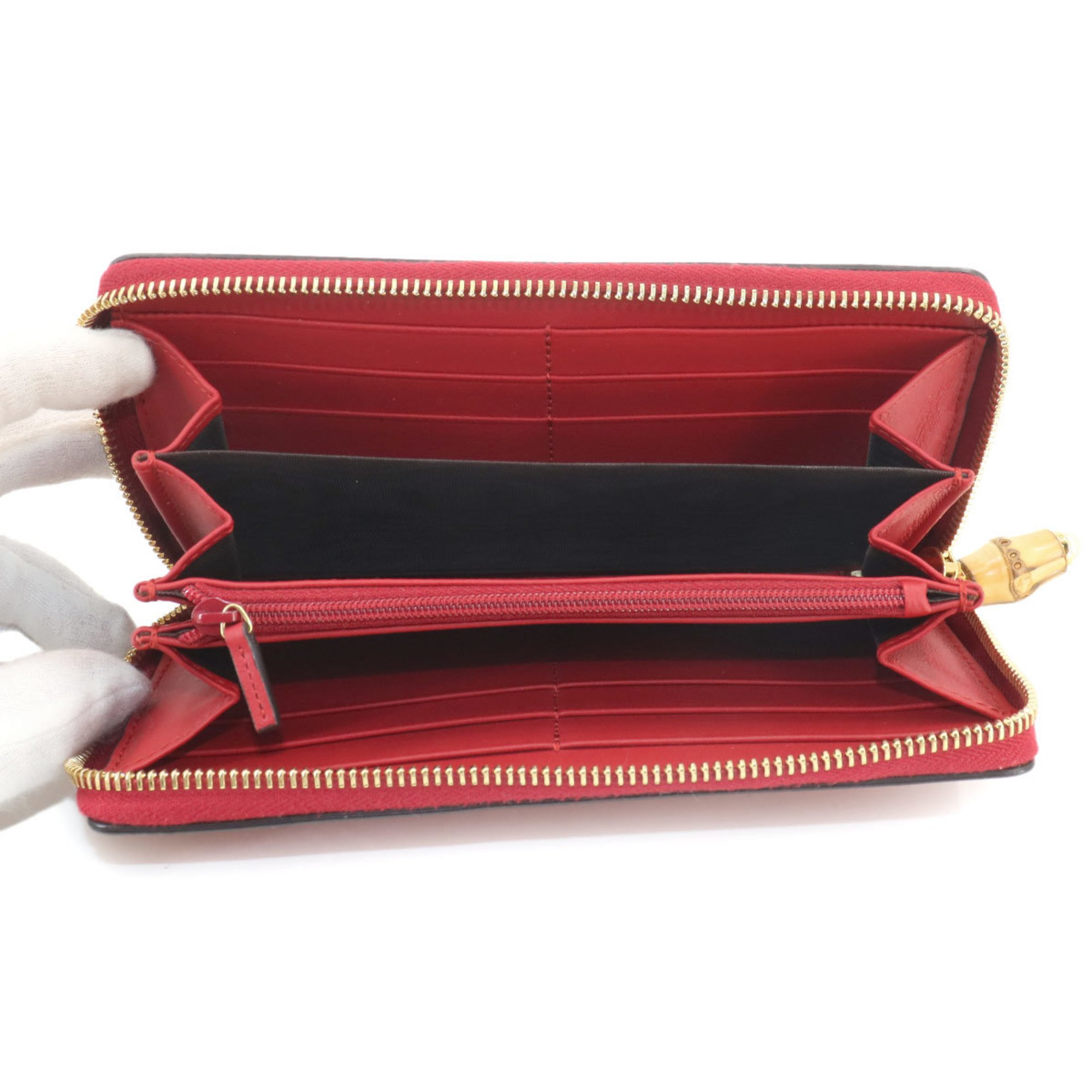 GUCCI Nymphaea Zip Round Wallet Long Leather Bamboo Red 453158