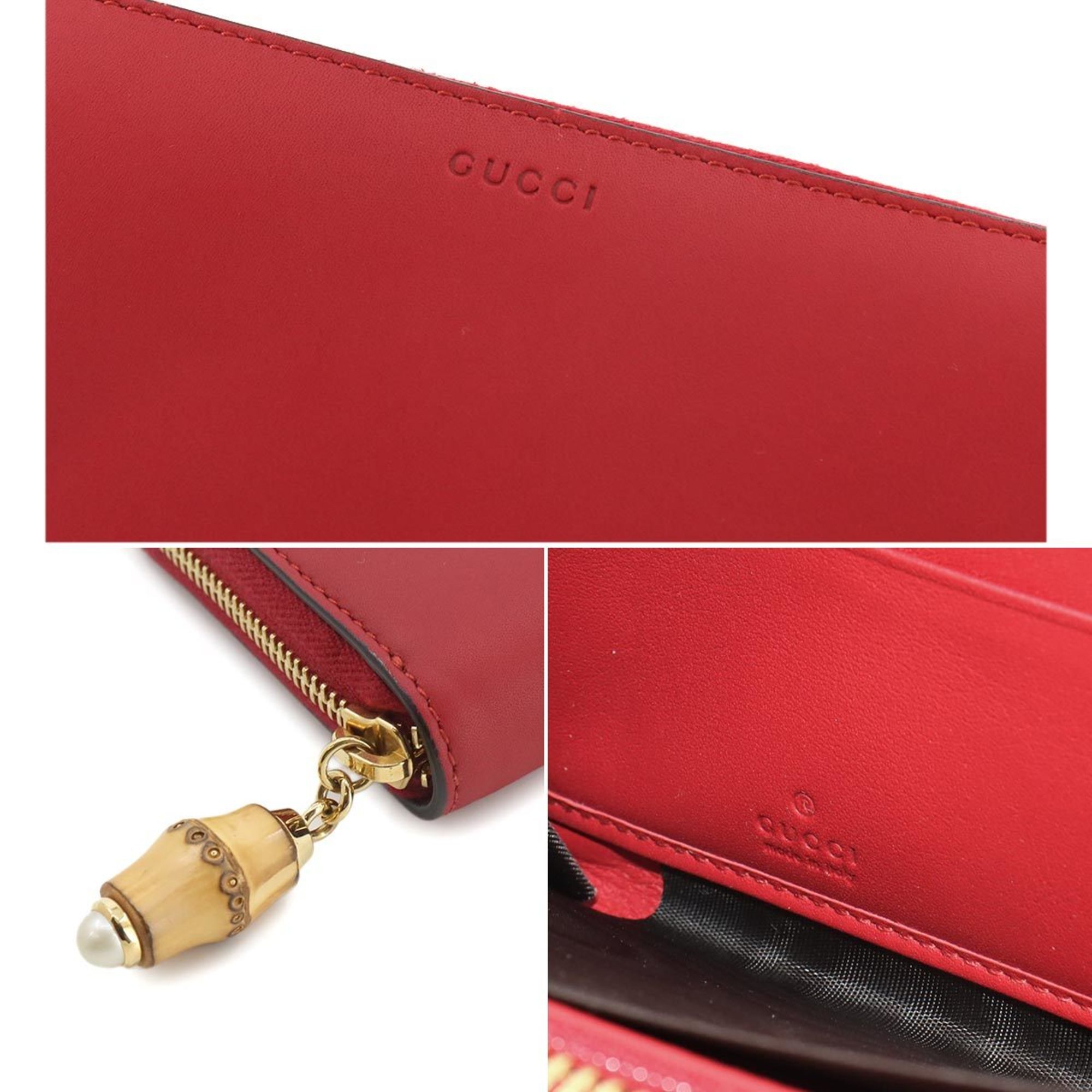 GUCCI Nymphaea Zip Round Wallet Long Leather Bamboo Red 453158