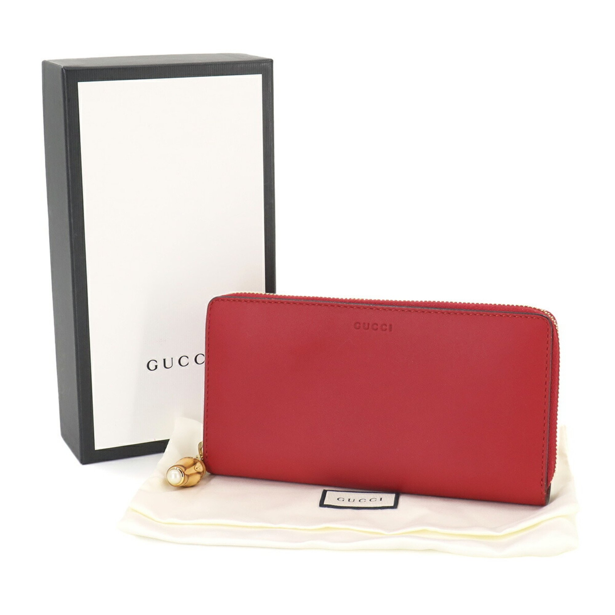 GUCCI Nymphaea Zip Round Wallet Long Leather Bamboo Red 453158