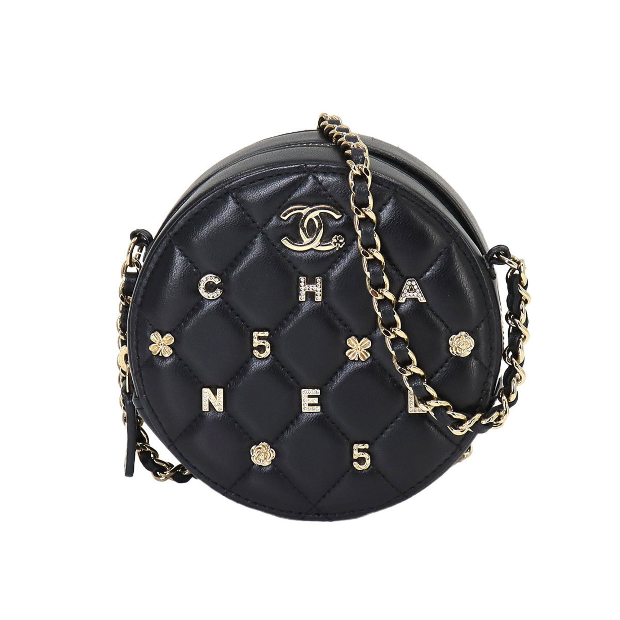 CHANEL Matelasse Lucky Charm Round Chain Shoulder Bag Leather Black