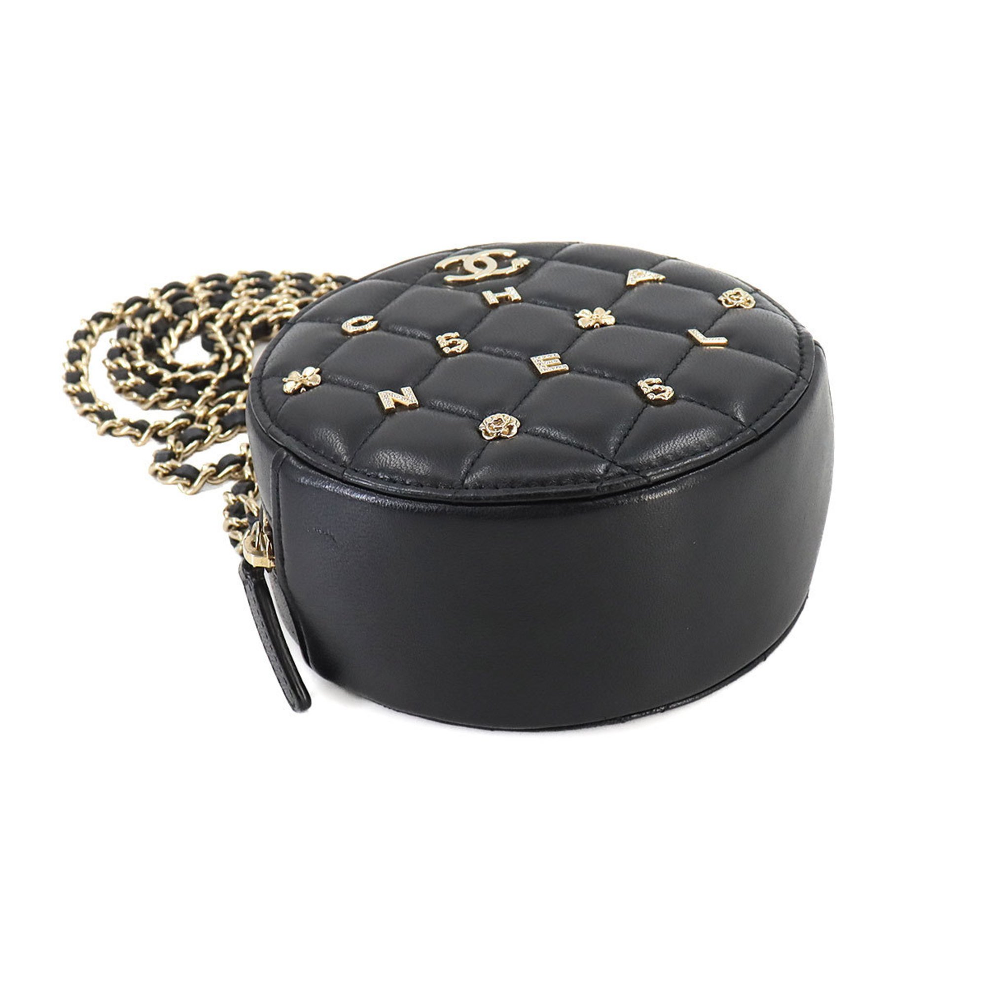 CHANEL Matelasse Lucky Charm Round Chain Shoulder Bag Leather Black