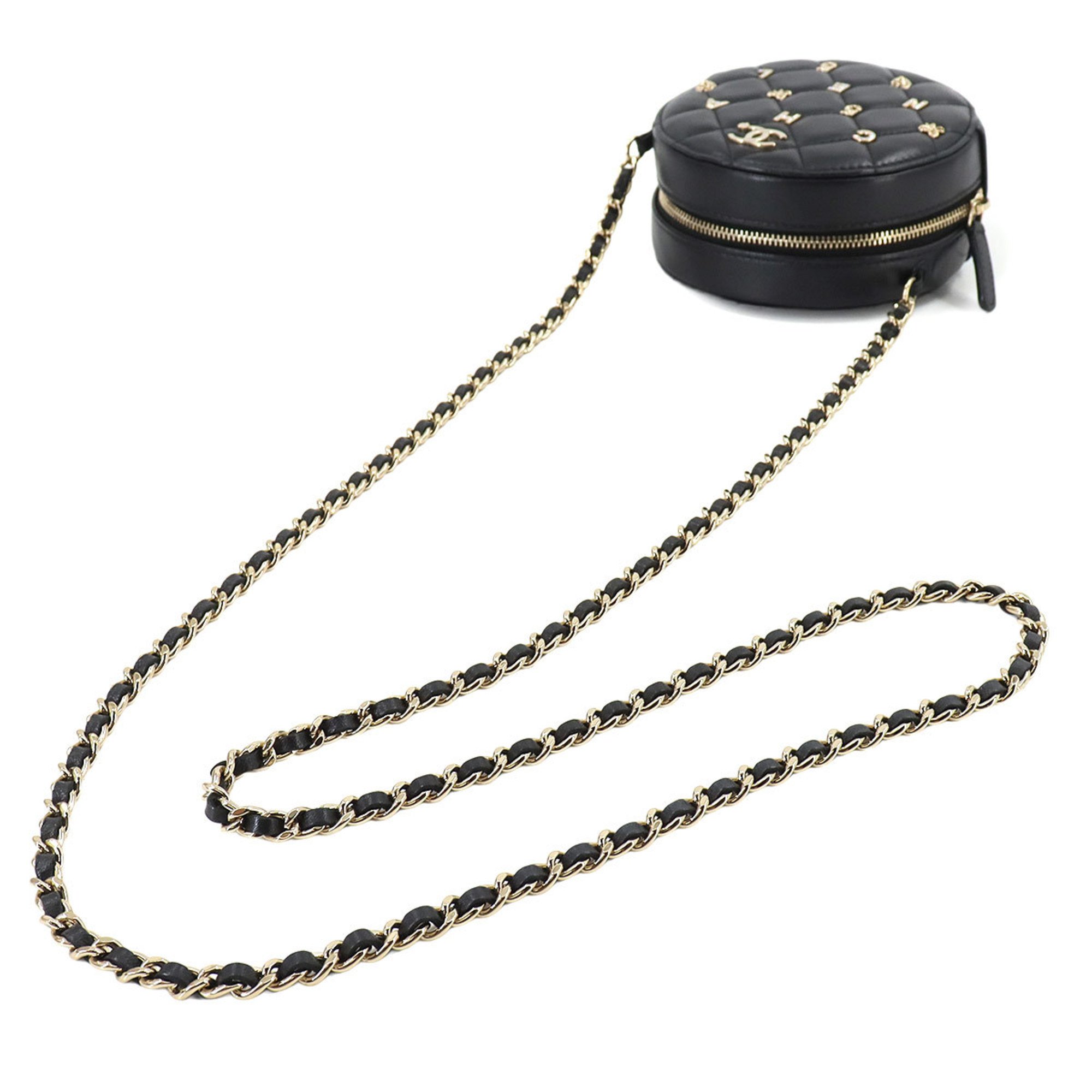 CHANEL Matelasse Lucky Charm Round Chain Shoulder Bag Leather Black