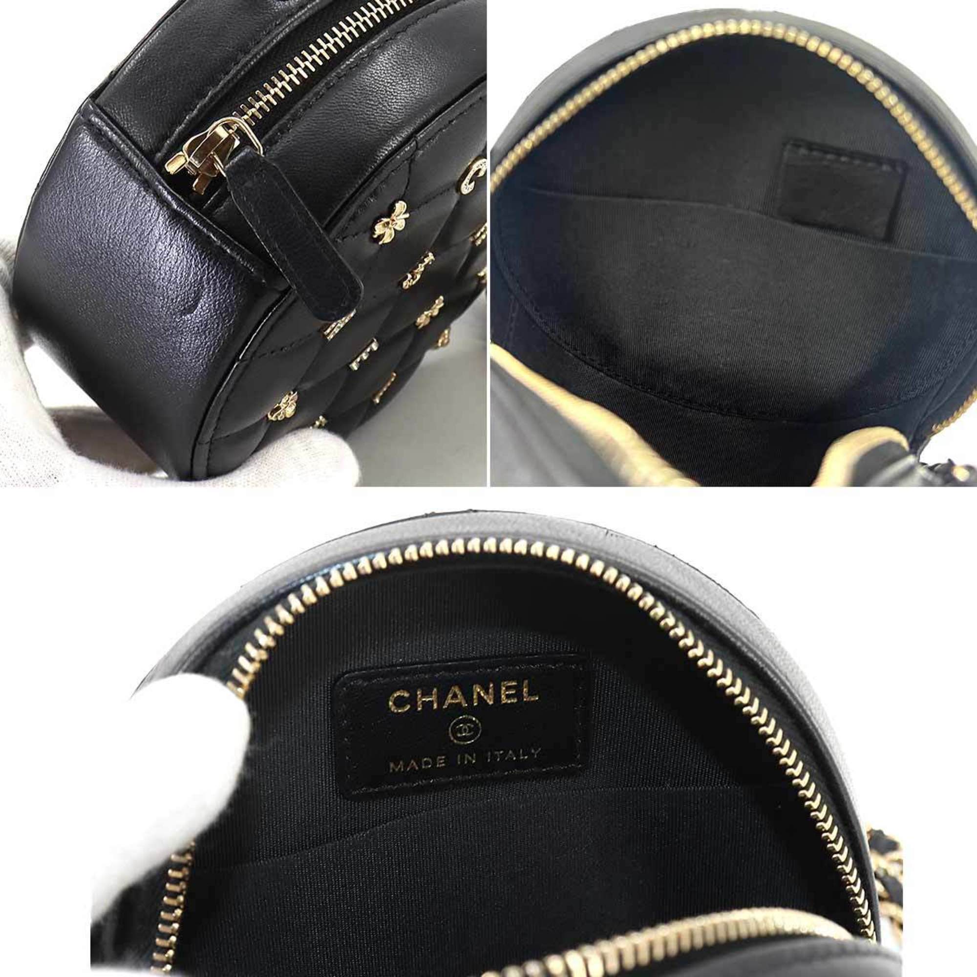 CHANEL Matelasse Lucky Charm Round Chain Shoulder Bag Leather Black