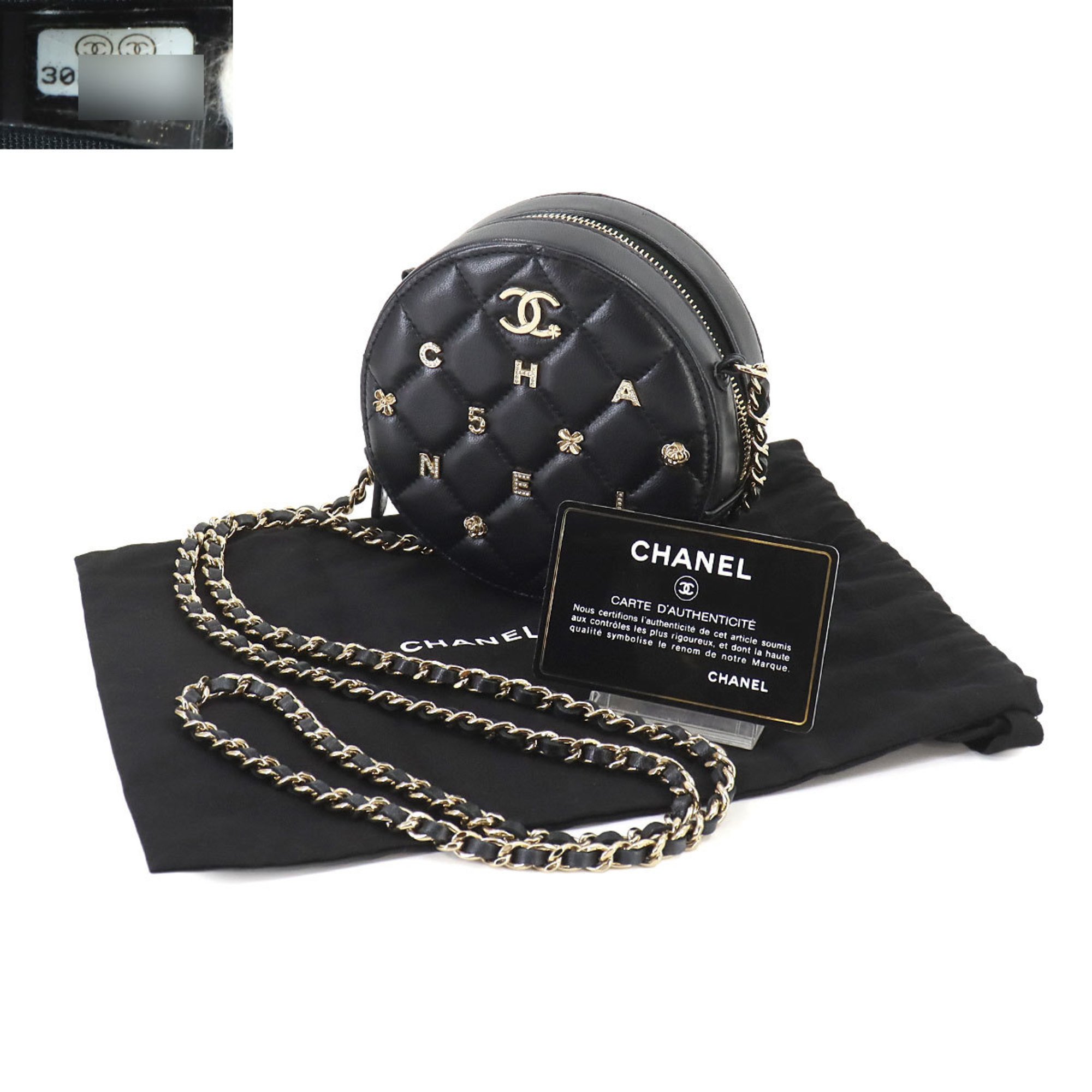 CHANEL Matelasse Lucky Charm Round Chain Shoulder Bag Leather Black