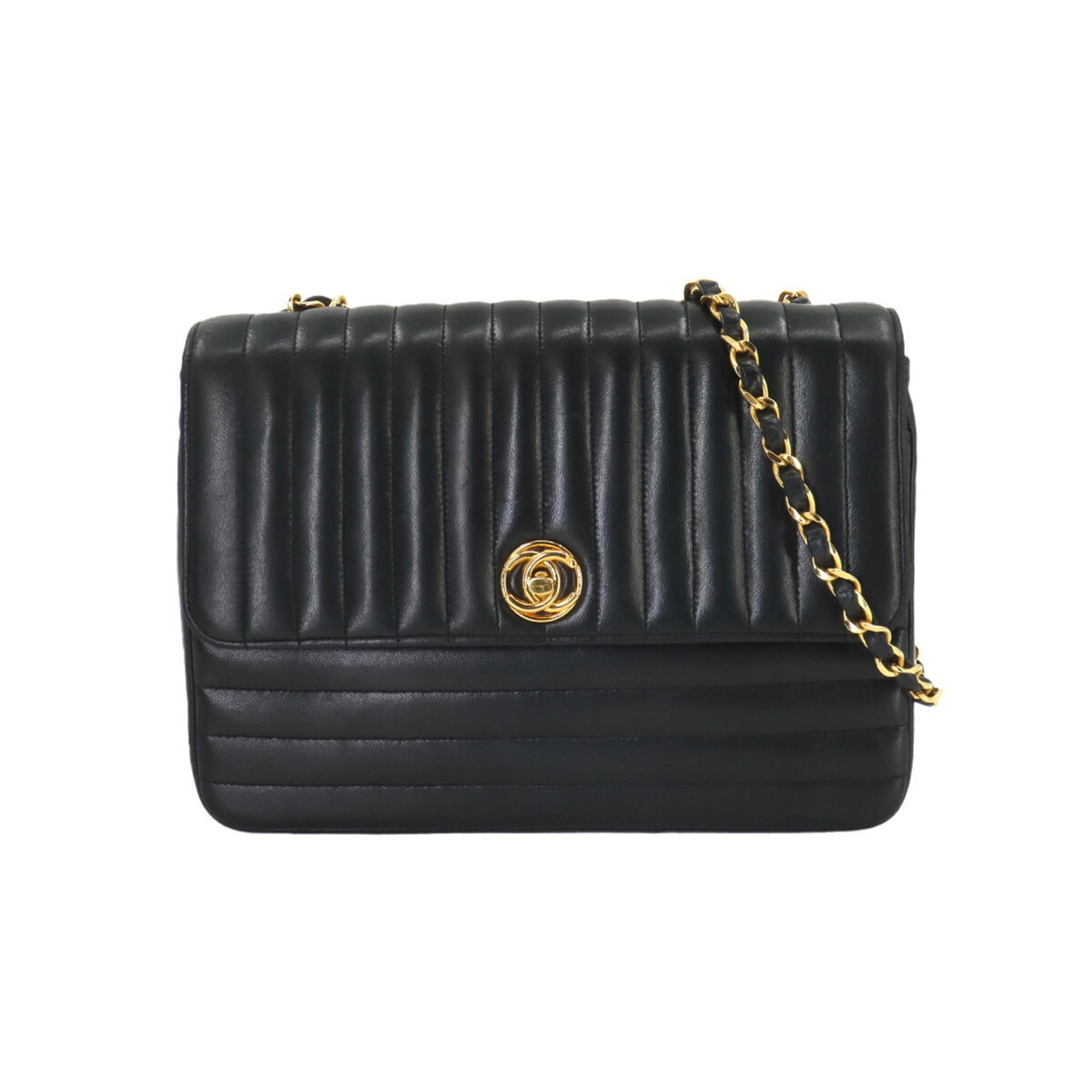 CHANEL Mademoiselle Chain Shoulder Bag Leather Black Gold Metal Fittings