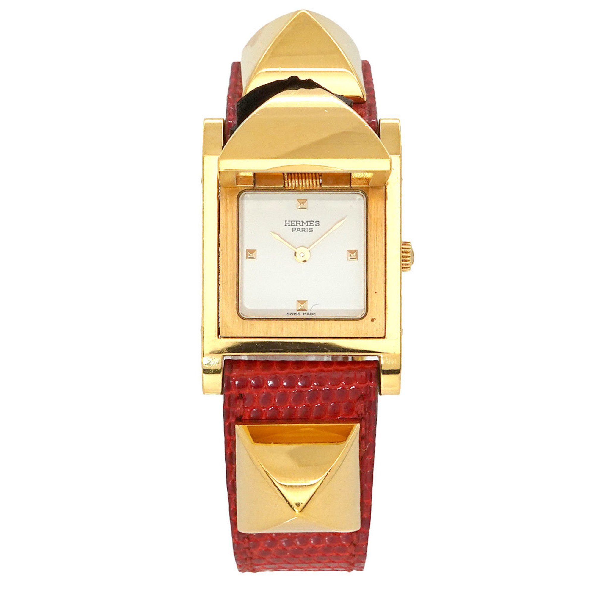 Hermes Medor Ladies Watch Pyramid Gold Studs White Quartz