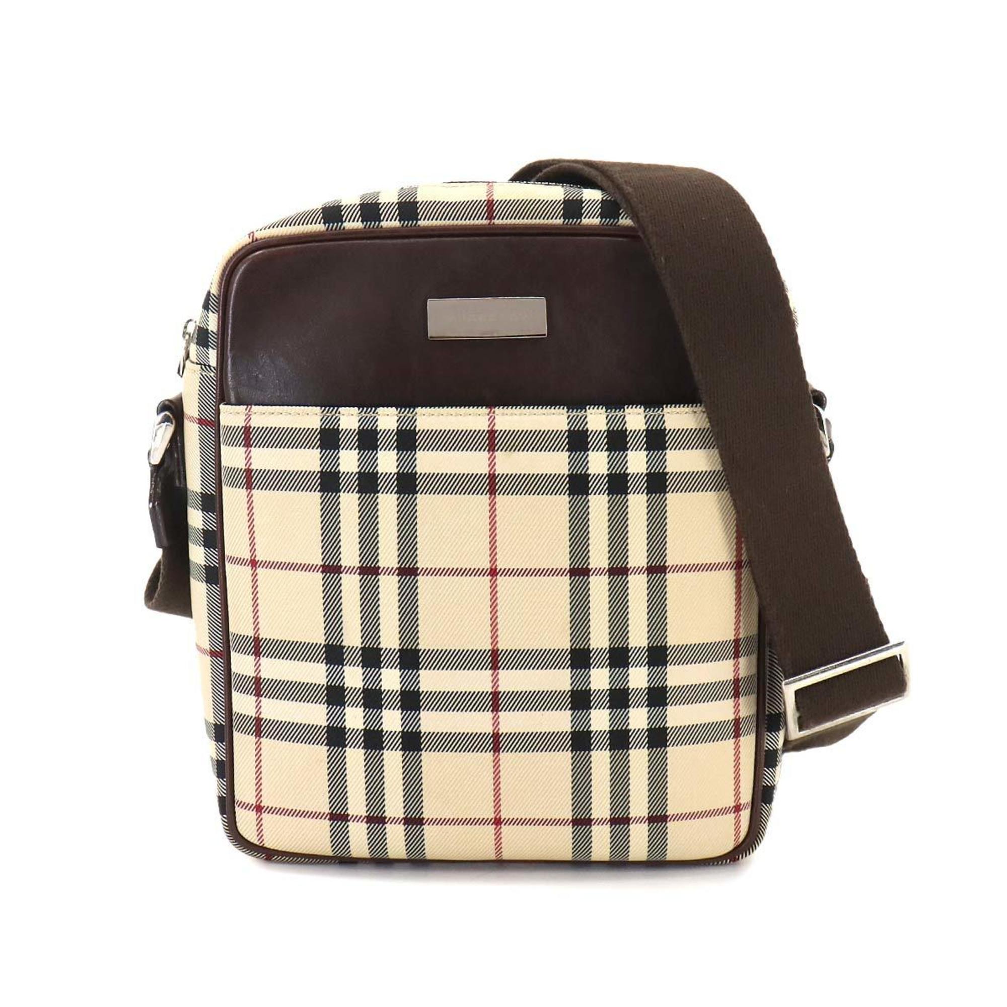 Burberry Nova Check Shoulder Bag Canvas Leather Beige Brown Silver Hardware