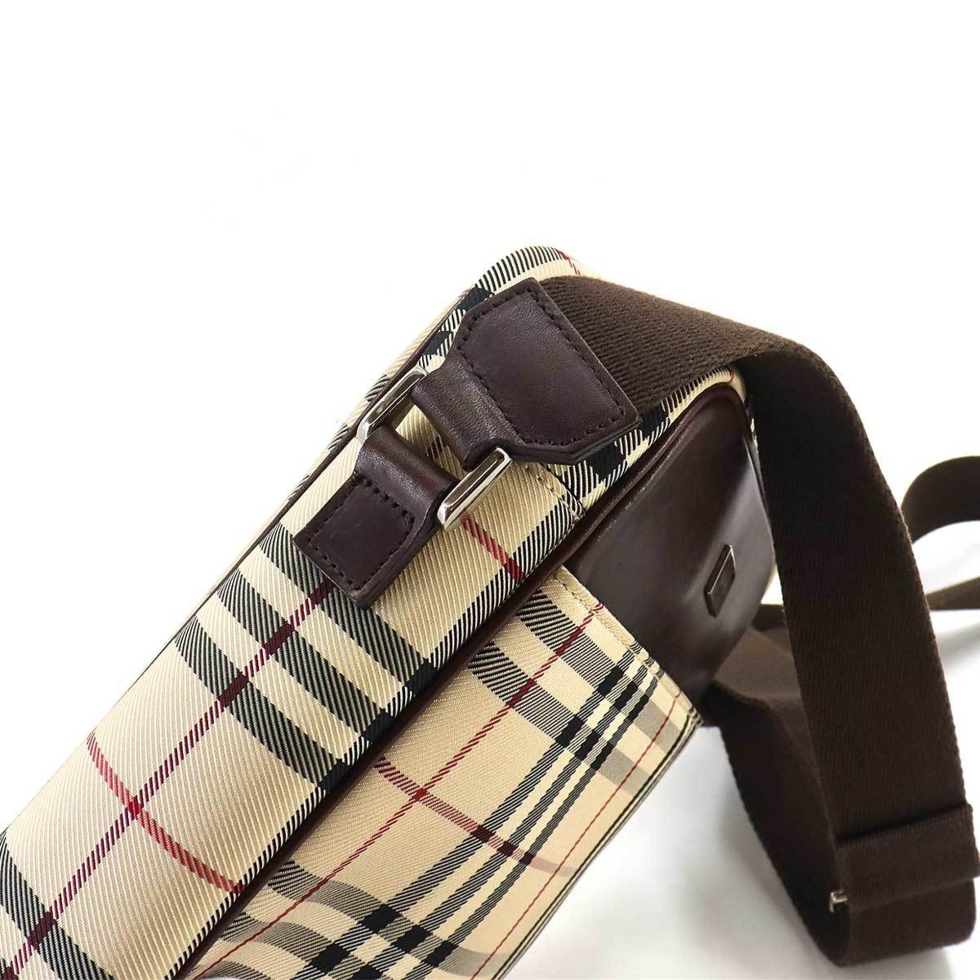 Burberry Nova Check Shoulder Bag Canvas Leather Beige Brown Silver Hardware