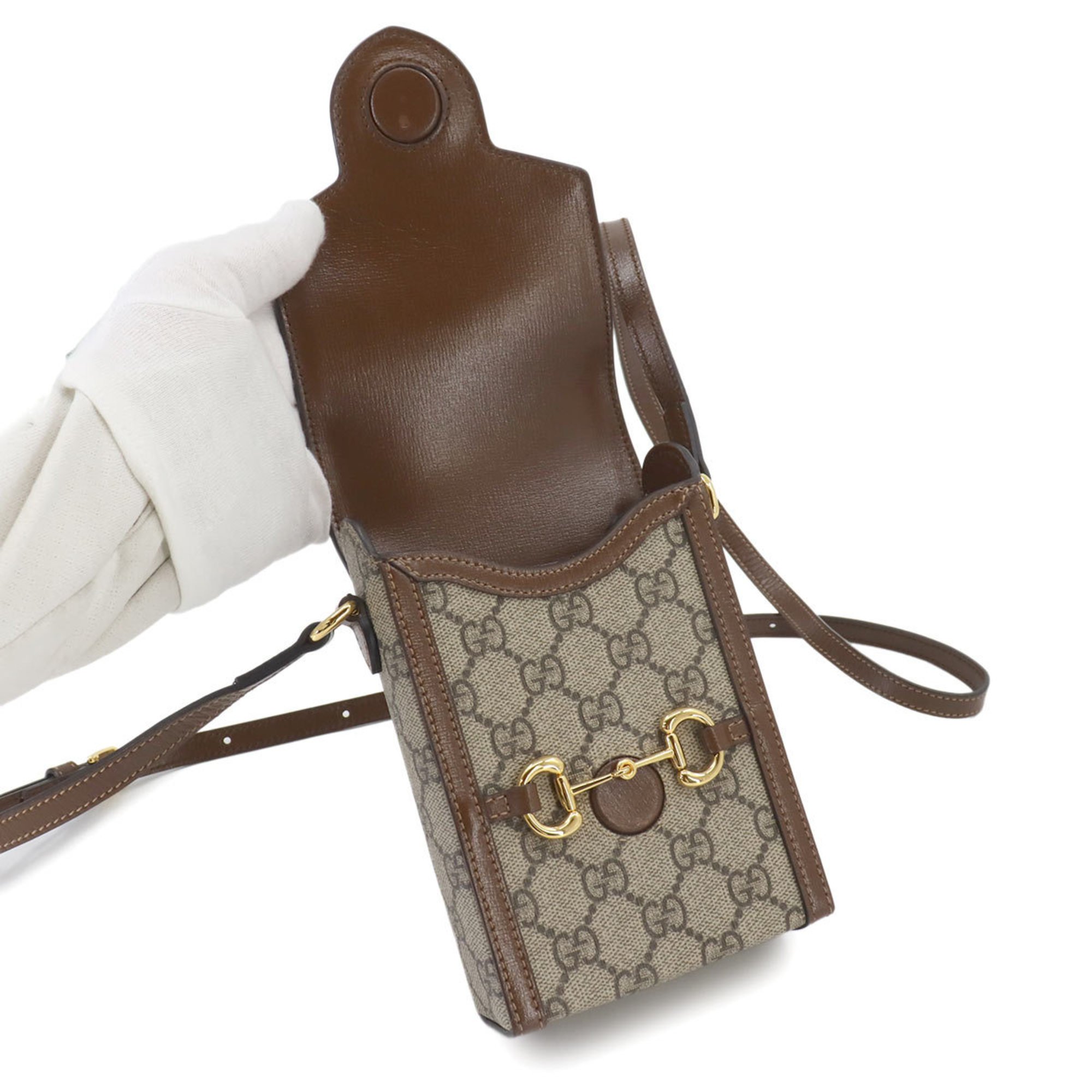 GUCCI Horsebit 1955 Shoulder Bag GG Supreme Leather Beige Brown 625615 Gold Hardware Mini