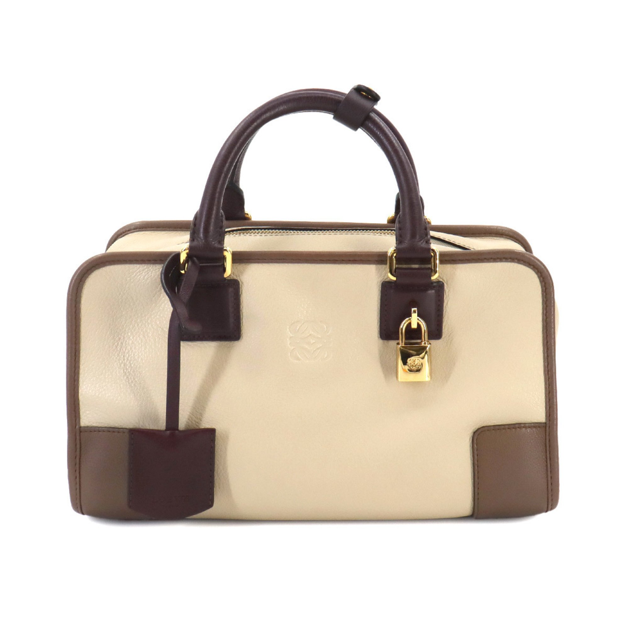 LOEWE Amazona 28 Hand Bag Leather Beige Brown Bordeaux Gold Hardware