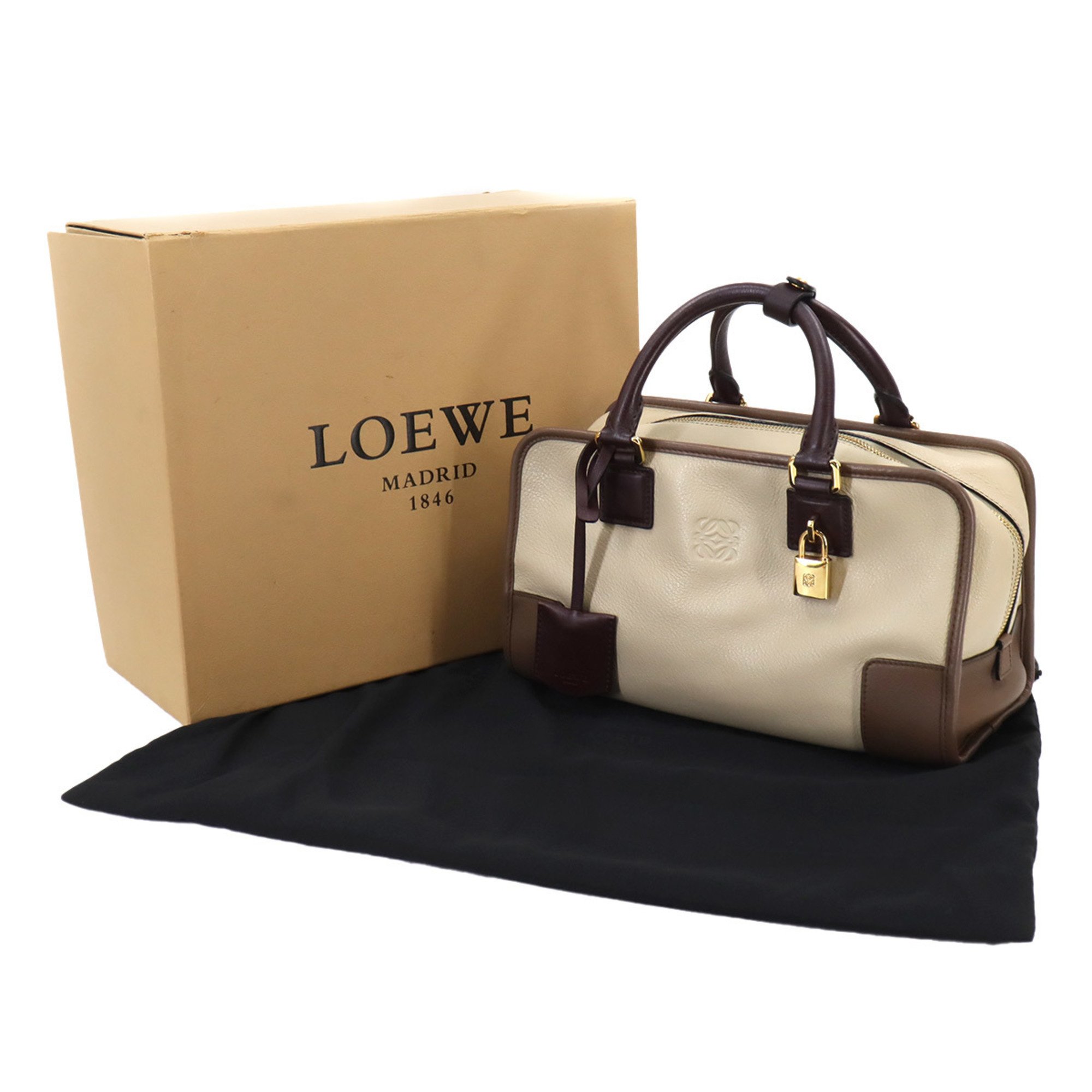 LOEWE Amazona 28 Hand Bag Leather Beige Brown Bordeaux Gold Hardware