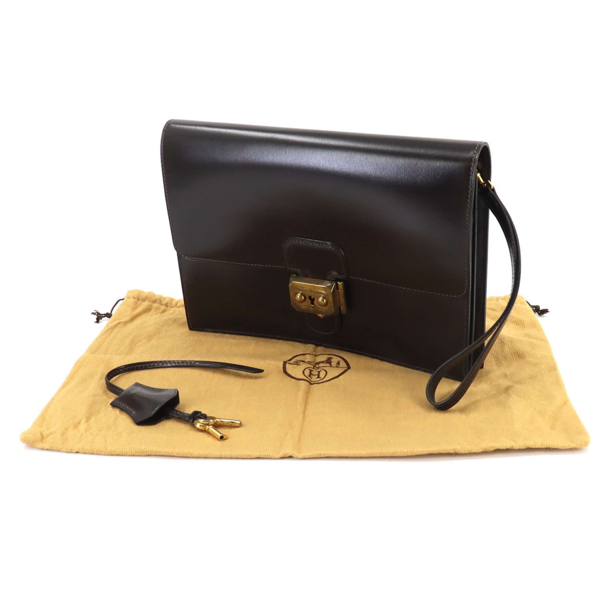 Hermes Pochette Jet Clutch Bag, Box Calf, Dark Brown, 〇S Engraved, Gold Hardware,