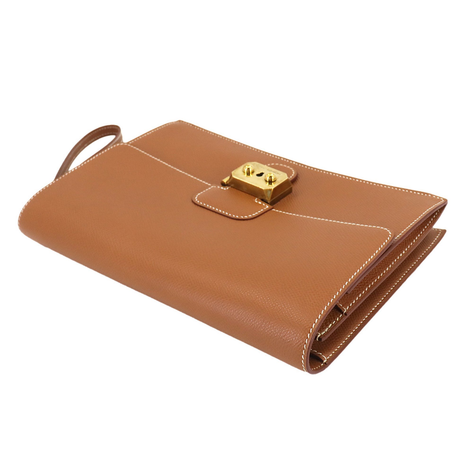 Hermes HERMES Pochette Jet Clutch Bag Cushvel Epsom Gold Brown Hardware