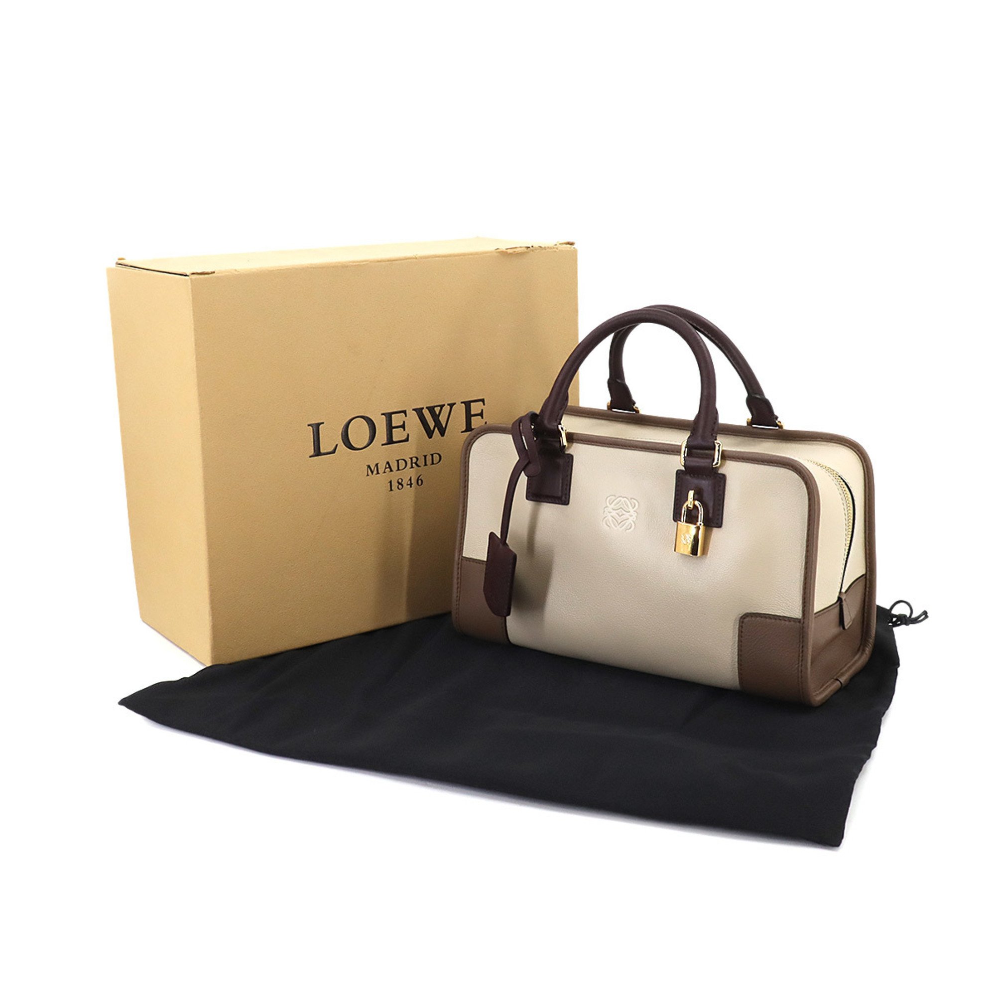 LOEWE Amazona 28 Hand Bag Leather Beige Brown Bordeaux Gold Hardware