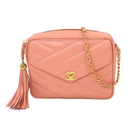 CHANEL Bias Stitch Chain Shoulder Bag Leather Pink Gold Metal Fittings