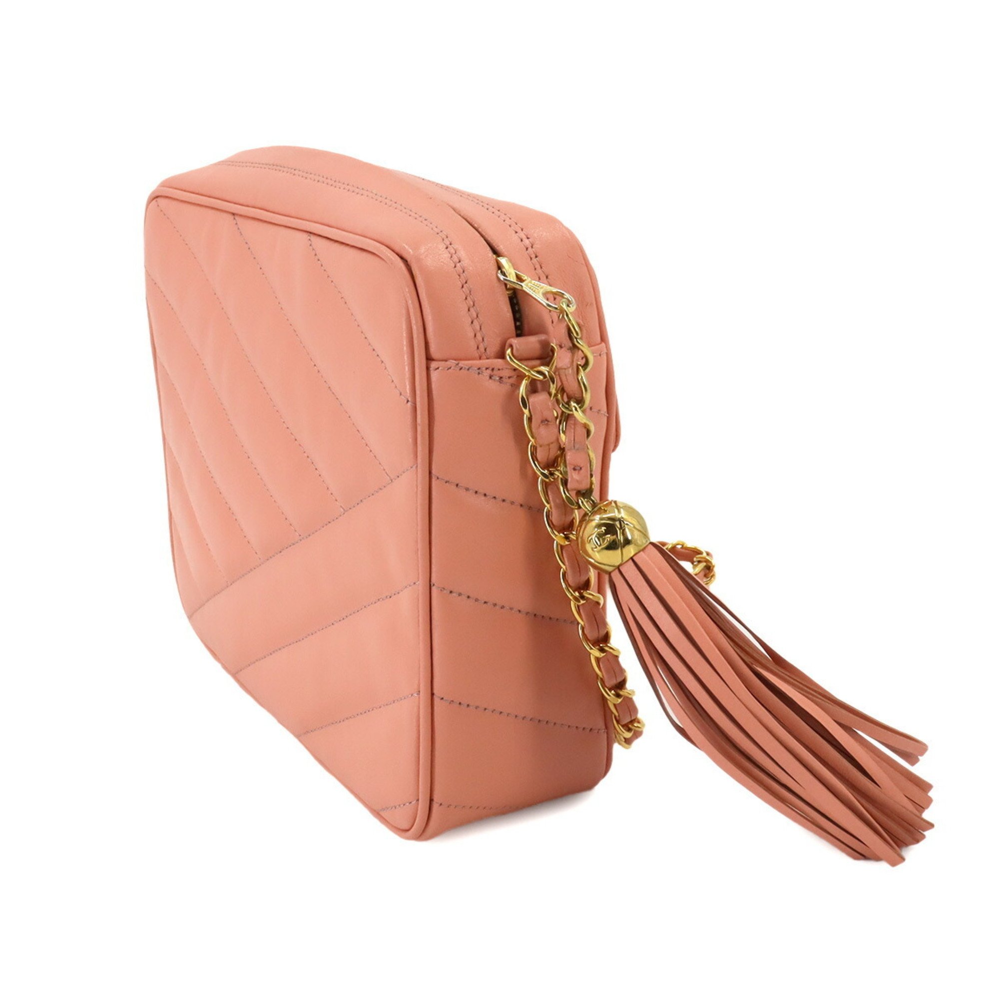 CHANEL Bias Stitch Chain Shoulder Bag Leather Pink Gold Metal Fittings