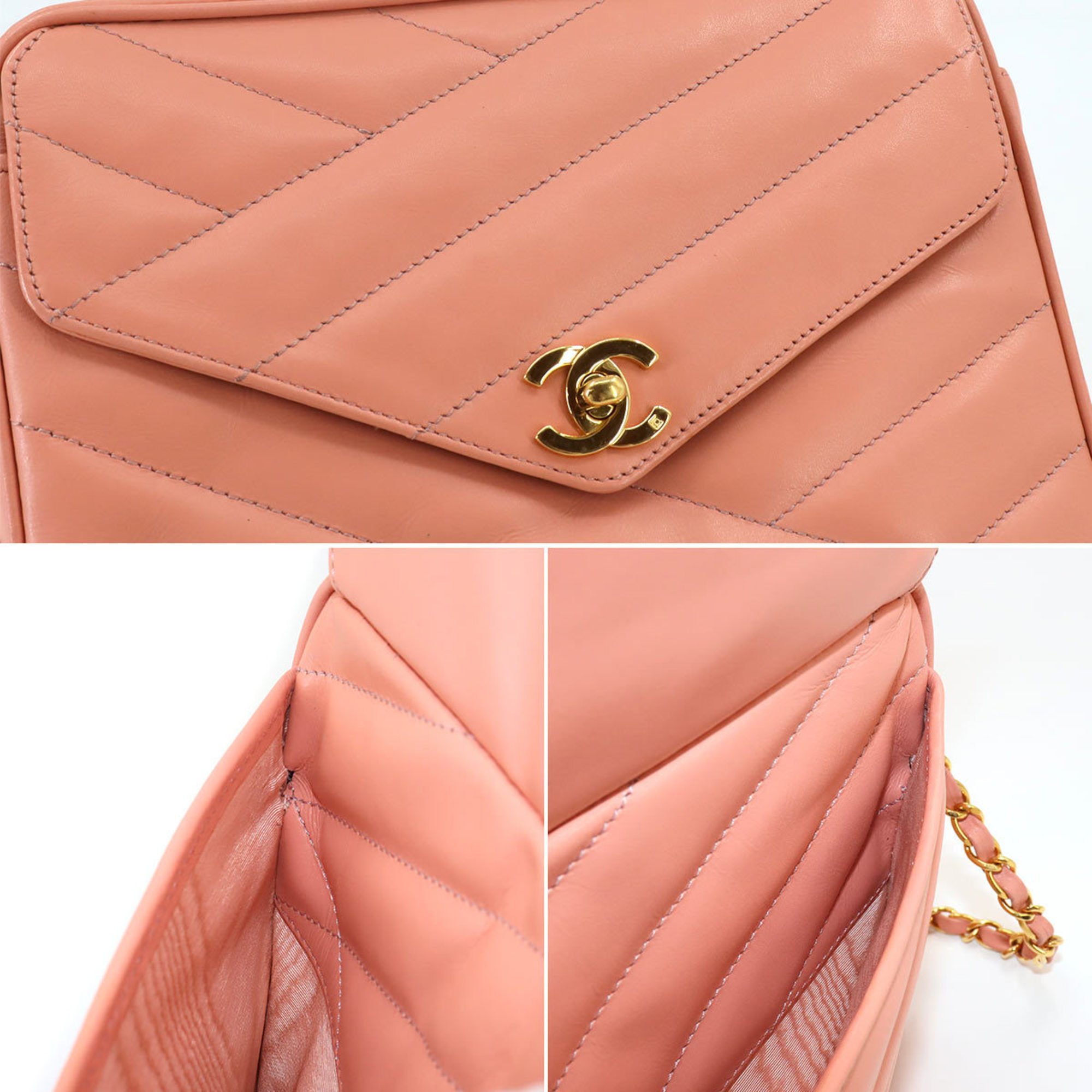 CHANEL Bias Stitch Chain Shoulder Bag Leather Pink Gold Metal Fittings