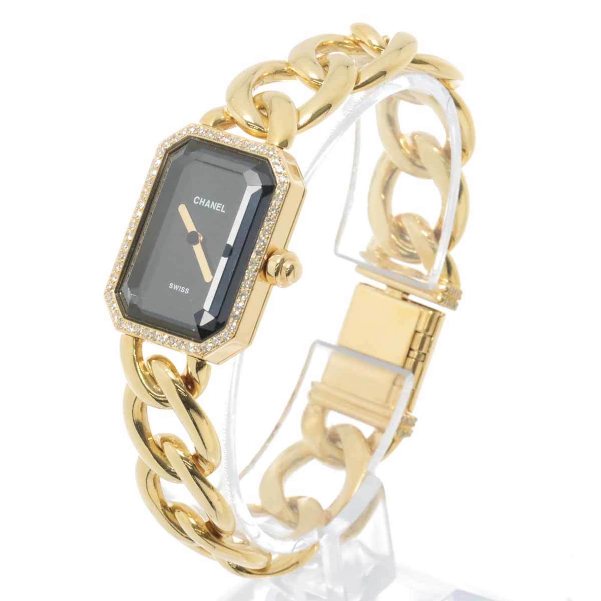 CHANEL Premiere L size H0113 Diamond bezel ladies watch buckle diamond black K18YG yellow gold solid quartz