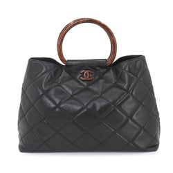 CHANEL Matelasse Wood-look Plastic Handle Hand Bag Leather Black Coco Mark