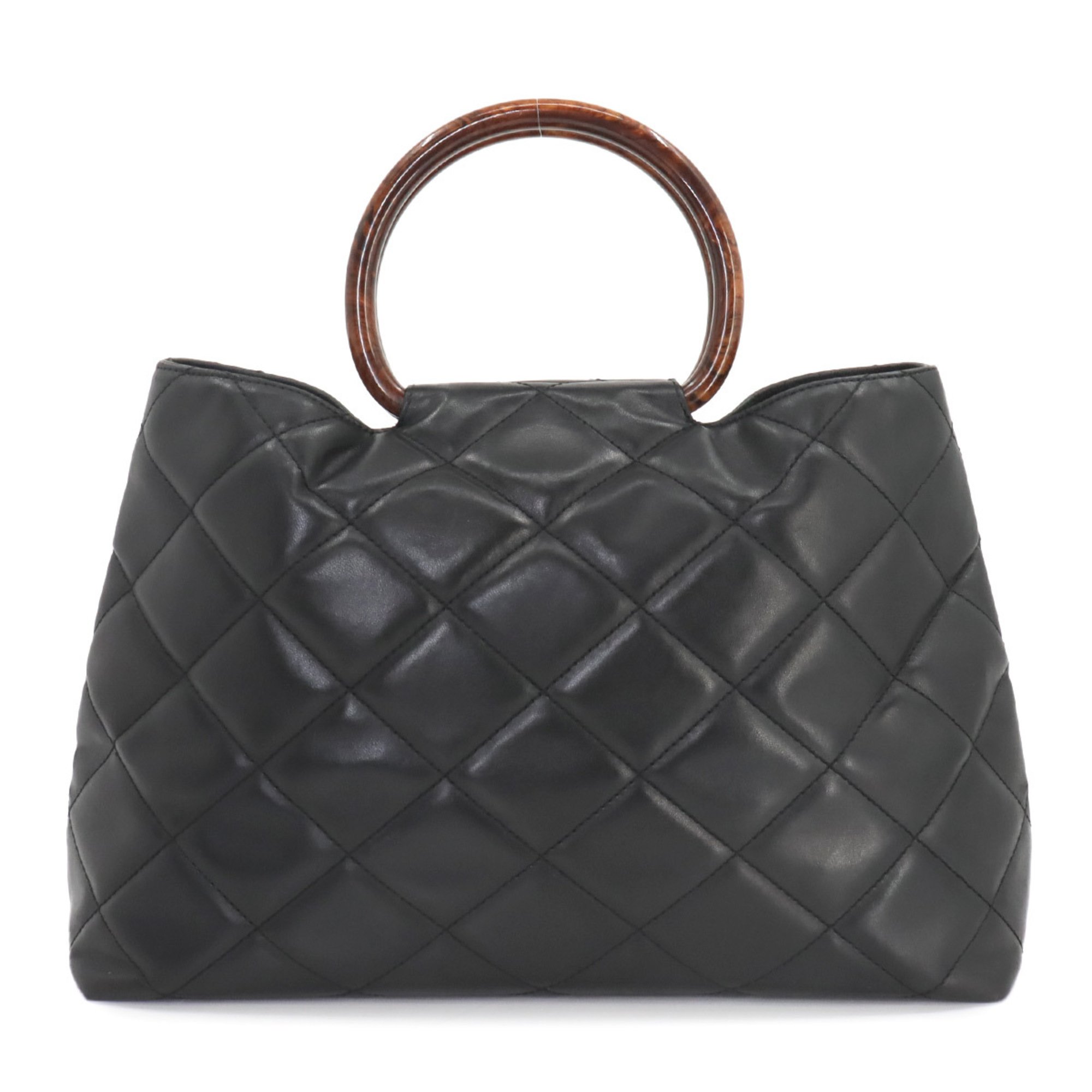 CHANEL Matelasse Wood-look Plastic Handle Hand Bag Leather Black Coco Mark