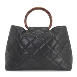 CHANEL Matelasse Wood-look Plastic Handle Hand Bag Leather Black Coco Mark