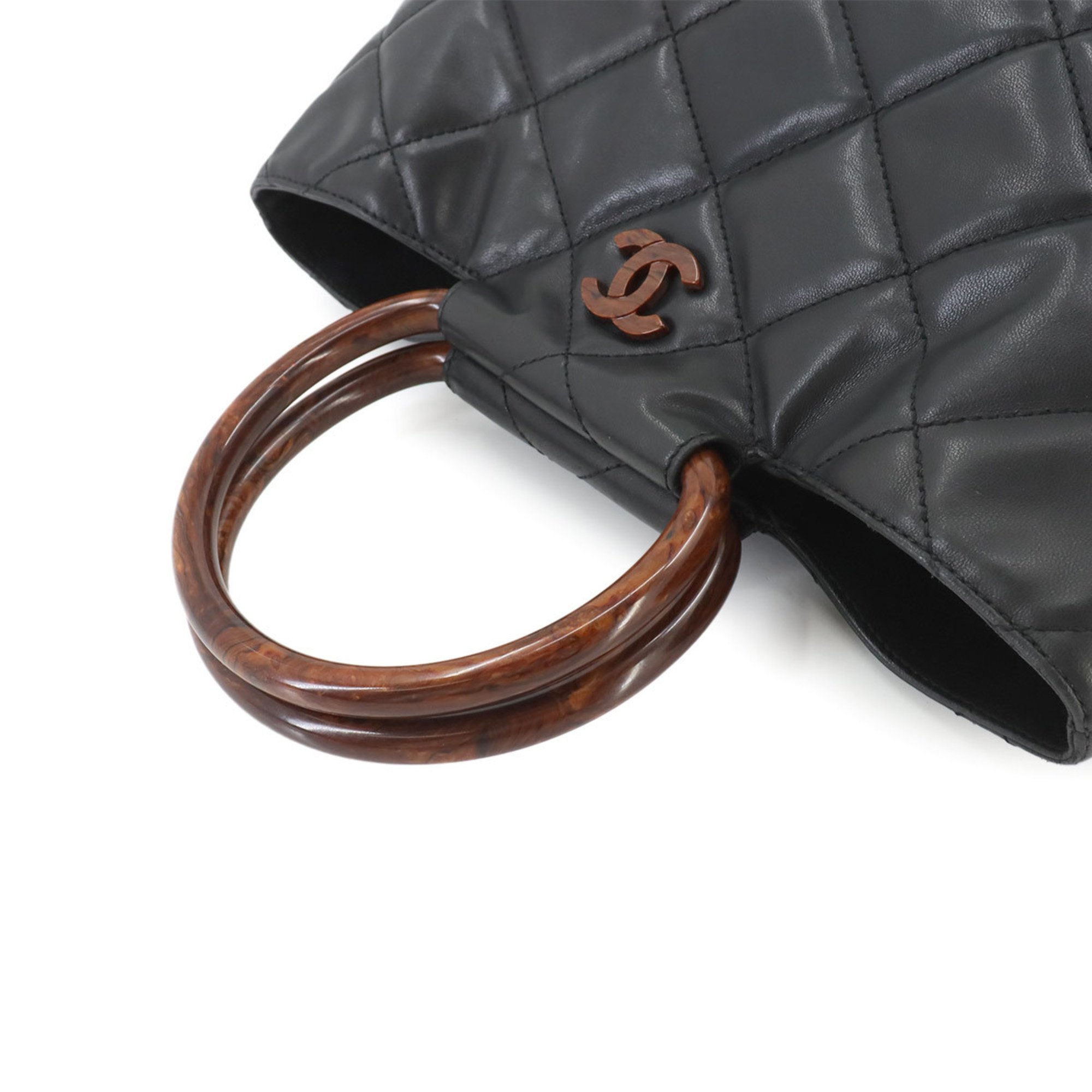 CHANEL Matelasse Wood-look Plastic Handle Hand Bag Leather Black Coco Mark