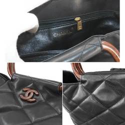 CHANEL Matelasse Wood-look Plastic Handle Hand Bag Leather Black Coco Mark