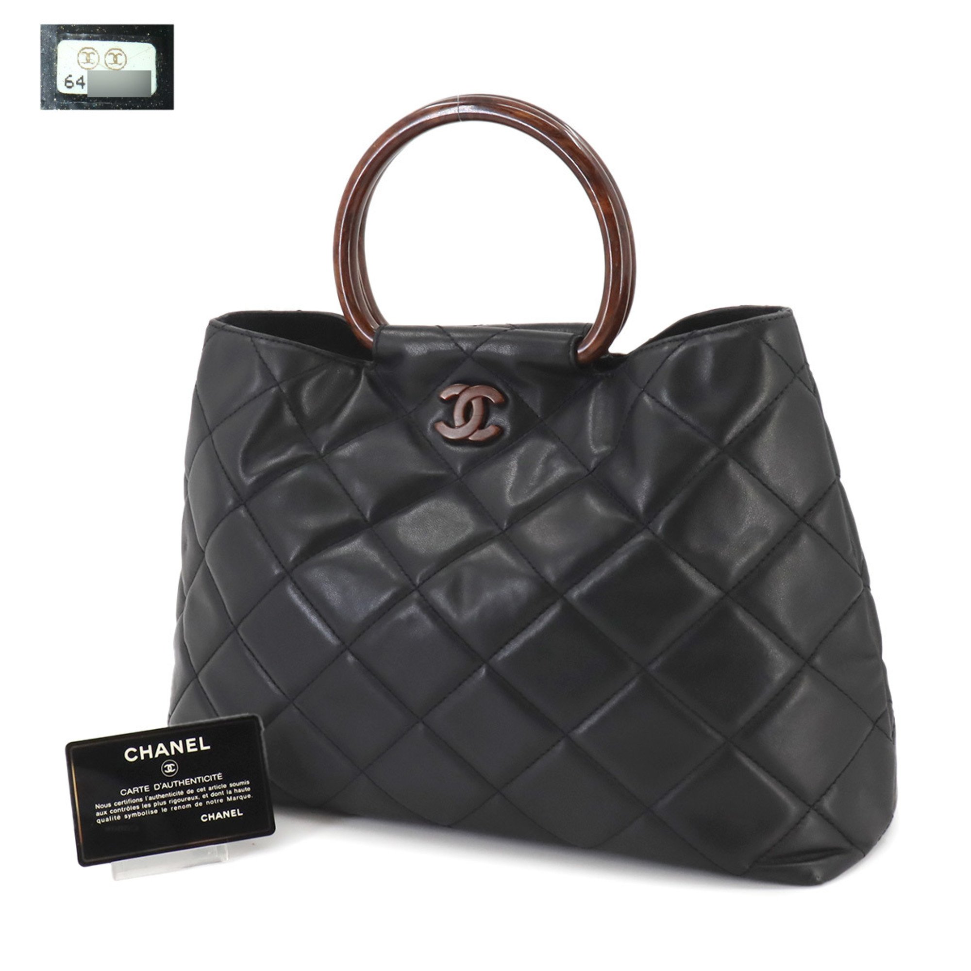 CHANEL Matelasse Wood-look Plastic Handle Hand Bag Leather Black Coco Mark