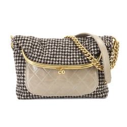 CHANEL Matelasse Chain Shoulder Bag Wool Leather Brown Beige Gray Houndstooth Gold Metal Fittings