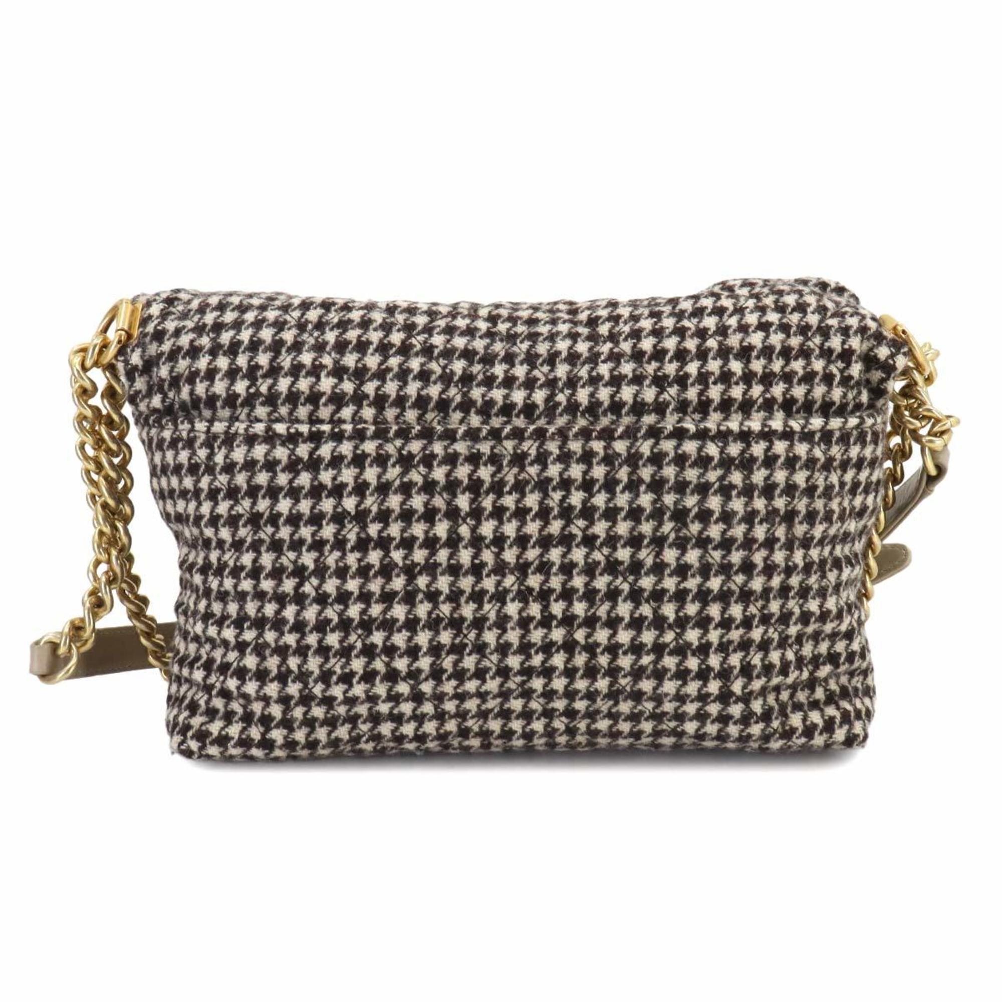 CHANEL Matelasse Chain Shoulder Bag Wool Leather Brown Beige Gray Houndstooth Gold Metal Fittings