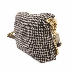 CHANEL Matelasse Chain Shoulder Bag Wool Leather Brown Beige Gray Houndstooth Gold Metal Fittings