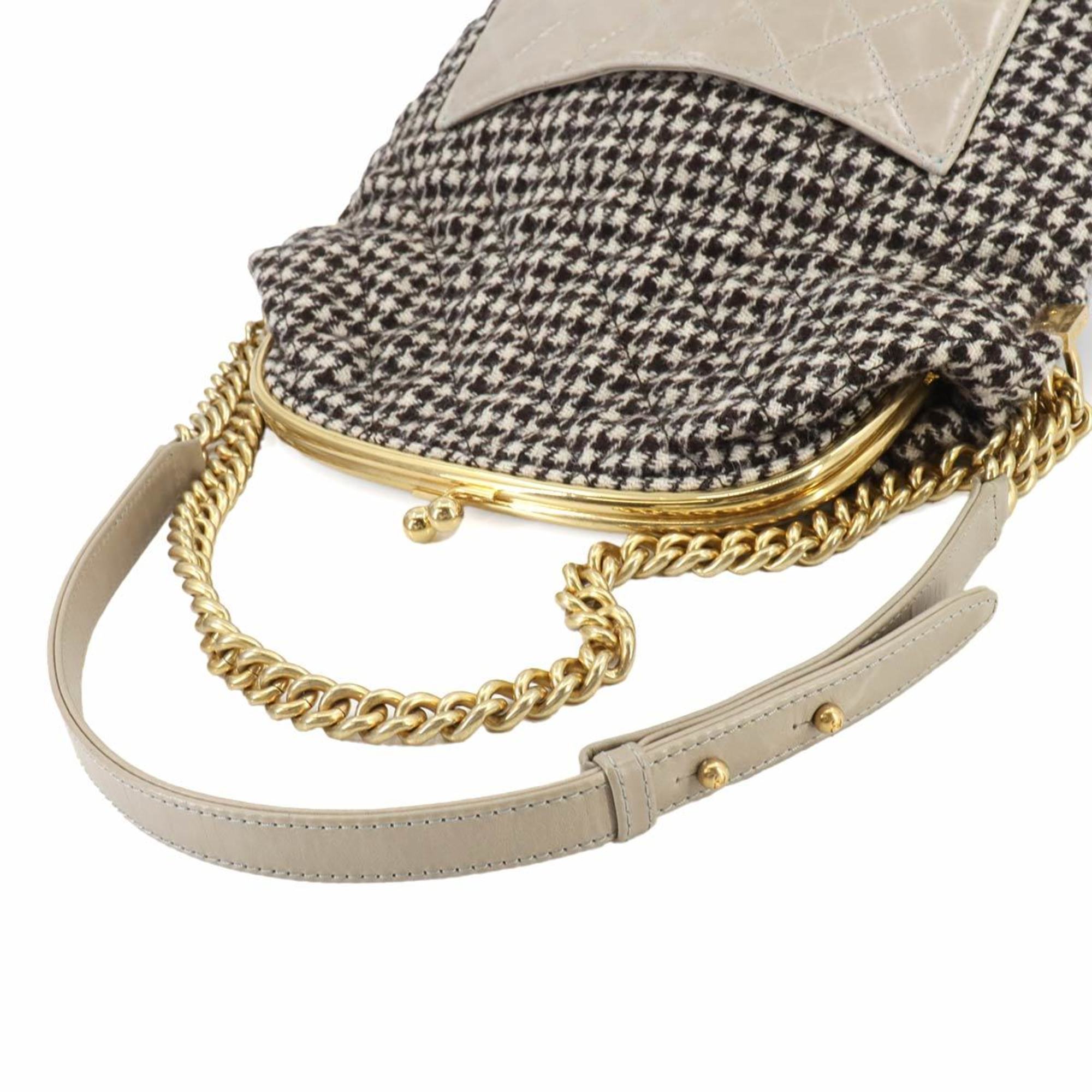 CHANEL Matelasse Chain Shoulder Bag Wool Leather Brown Beige Gray Houndstooth Gold Metal Fittings